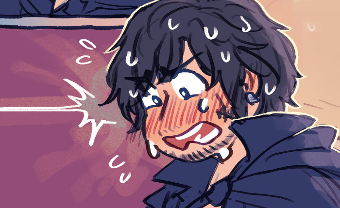 cropped chibi-style drawing of clive from ff16. he's making a shocked and sweaty expression after realizing something embarassing.