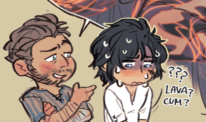 cropped chibi-style drawing of cid and clive from ff16. cid is recounting an experience he had with clive, one that clive doesnt seem to remember. clive stands next to him sweating and confused, with "??? lava? cum?" text floating next to him.