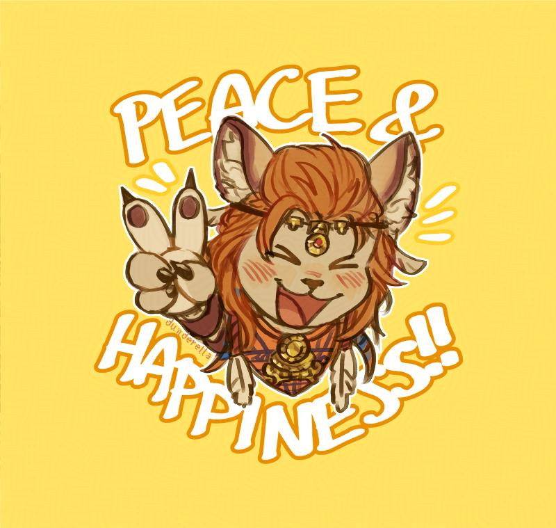 chibi drawing of wuk lamat from final fantasy xiv smiling and making a peace sign on a warm yellow background, saying "PEACE & HAPPINESS"