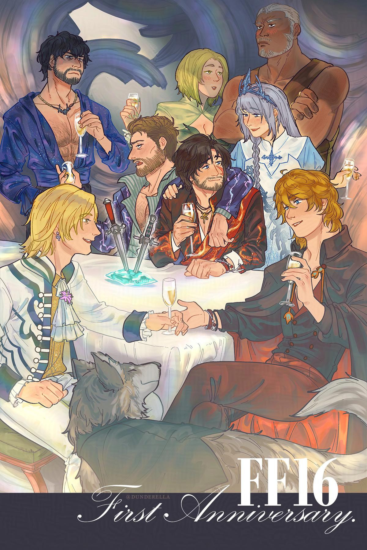 illustration featuring all the "dominant" characters of final fantasy 16, including torgal. they're all seated at a table in what looks like a Fallen settlement, all the characters dressed for a gala party and holding champagne drinks in their hands. joshua and dion sit at the foreground having light conversation, with torgal at their legs. at the other side of the table cid sits with his arm around clive's shoulder. clive turns his head to converse with jill at his other side, her hand on clive's other shoulder. barnabas stands at a slight distance from cid, the two engaged in a tilted conversation. benedikta and kupka stand behind the main trio,  benna trying to engage the stoic huffy kupka in warm conversation. at the center of the white clothed table, sits the crystal oath.