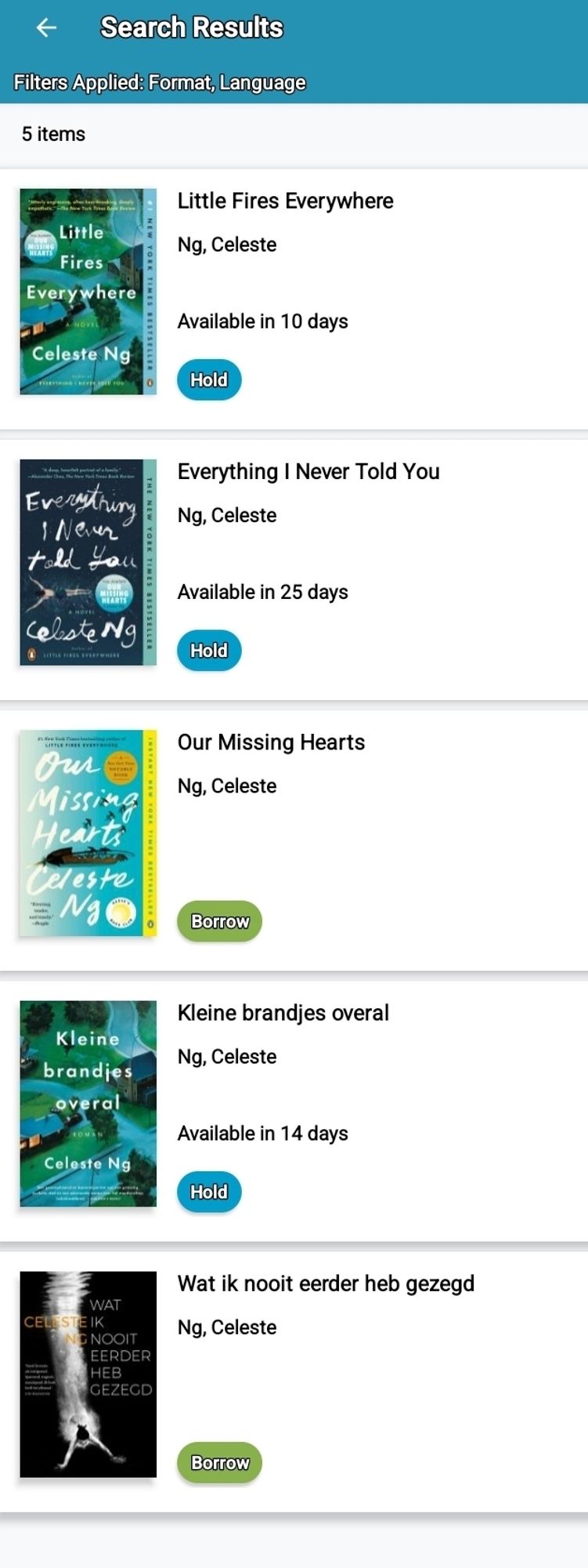 Pictures of covers of books by Celest Ng available in Flemish digital library system.