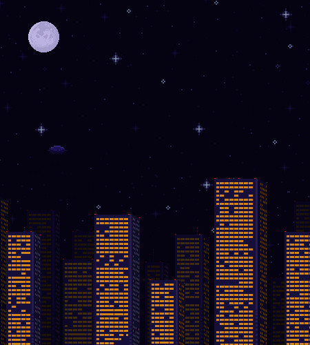 Pixel art city scape with buildings, a full moon a starry sky, and a ufo hovering in the sky.