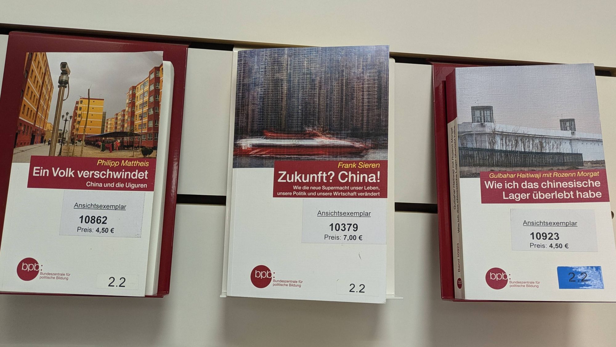 Ein Buch mit dem Titel "Zukunft? China!" steht in der Auslage zwischen zwei Büchern mit den Titeln "Ein Volk verschwindet. China und die Uiguren" und "Wie ich das chinesische Lager überlebt habe"