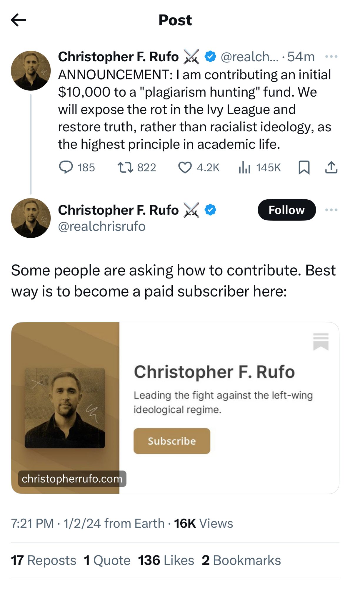 tweets from rufo about “plagiarism hunting” fund