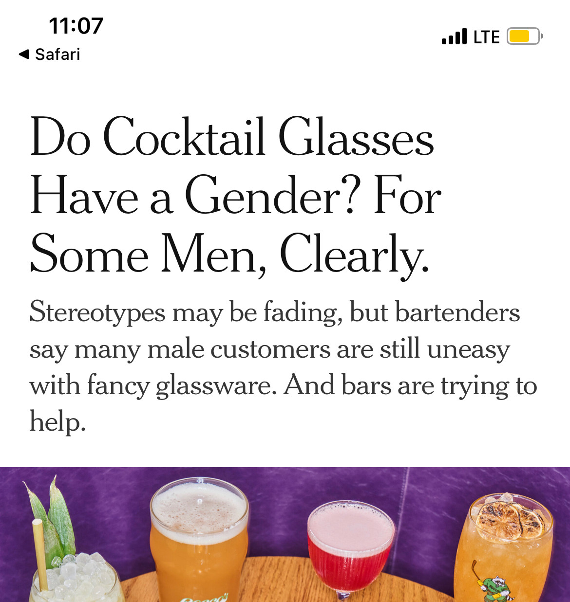 from NYT: Do Cocktail Glasses Have a Gender?
For Some Men, Clearly.
Stereotypes may be fading, but bartenders say many male customers
are still uneasy with fancy glassware. And bars are trying to help.