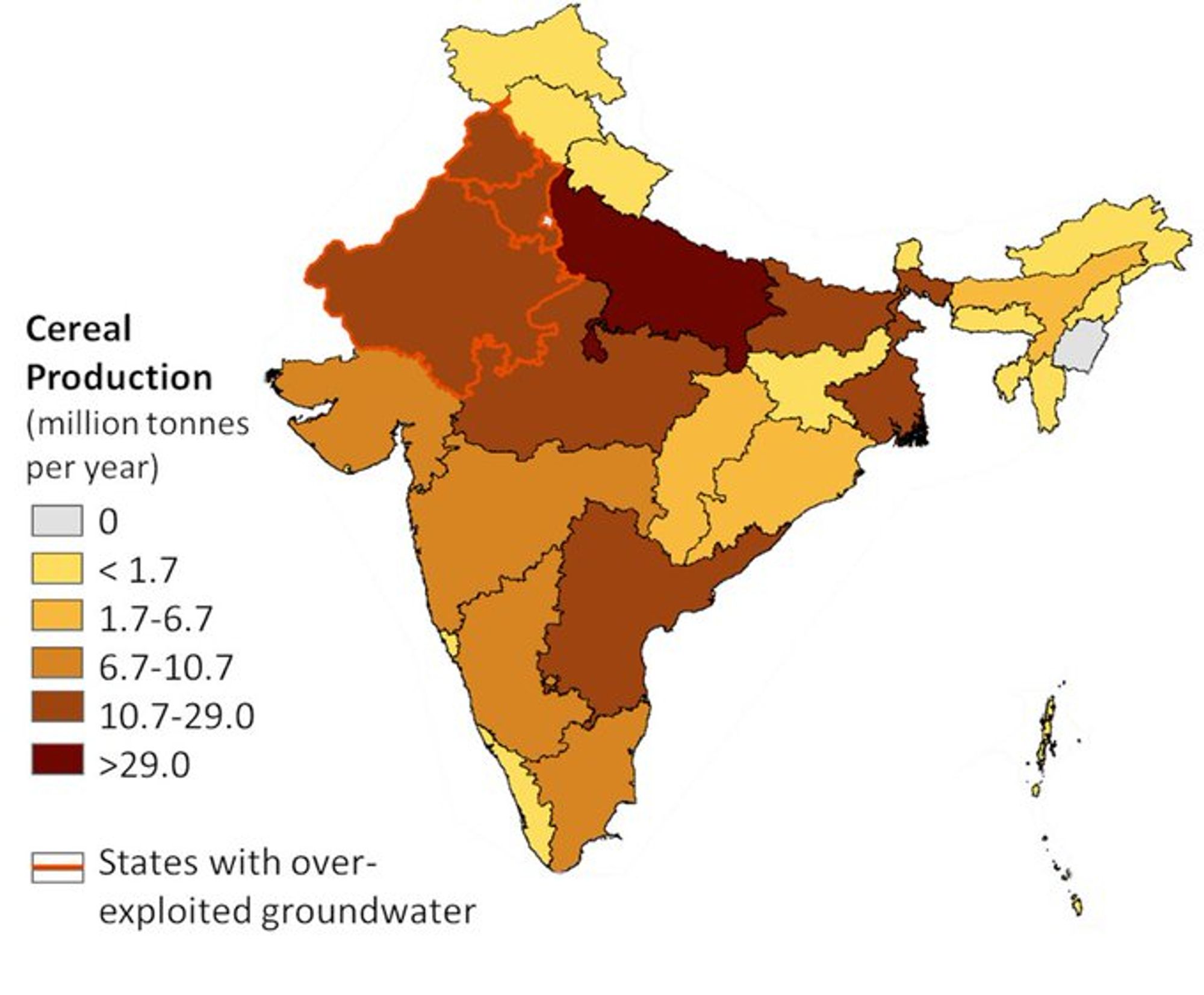 karte der getreideproduktion in indien, der norden produziert die größten mengen