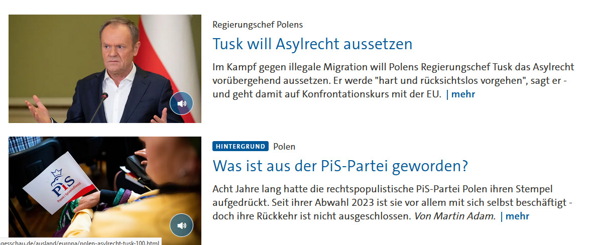 2 Meldungen zu Migration und rechter PIS in Polen auf der Startseite der Tagesschau