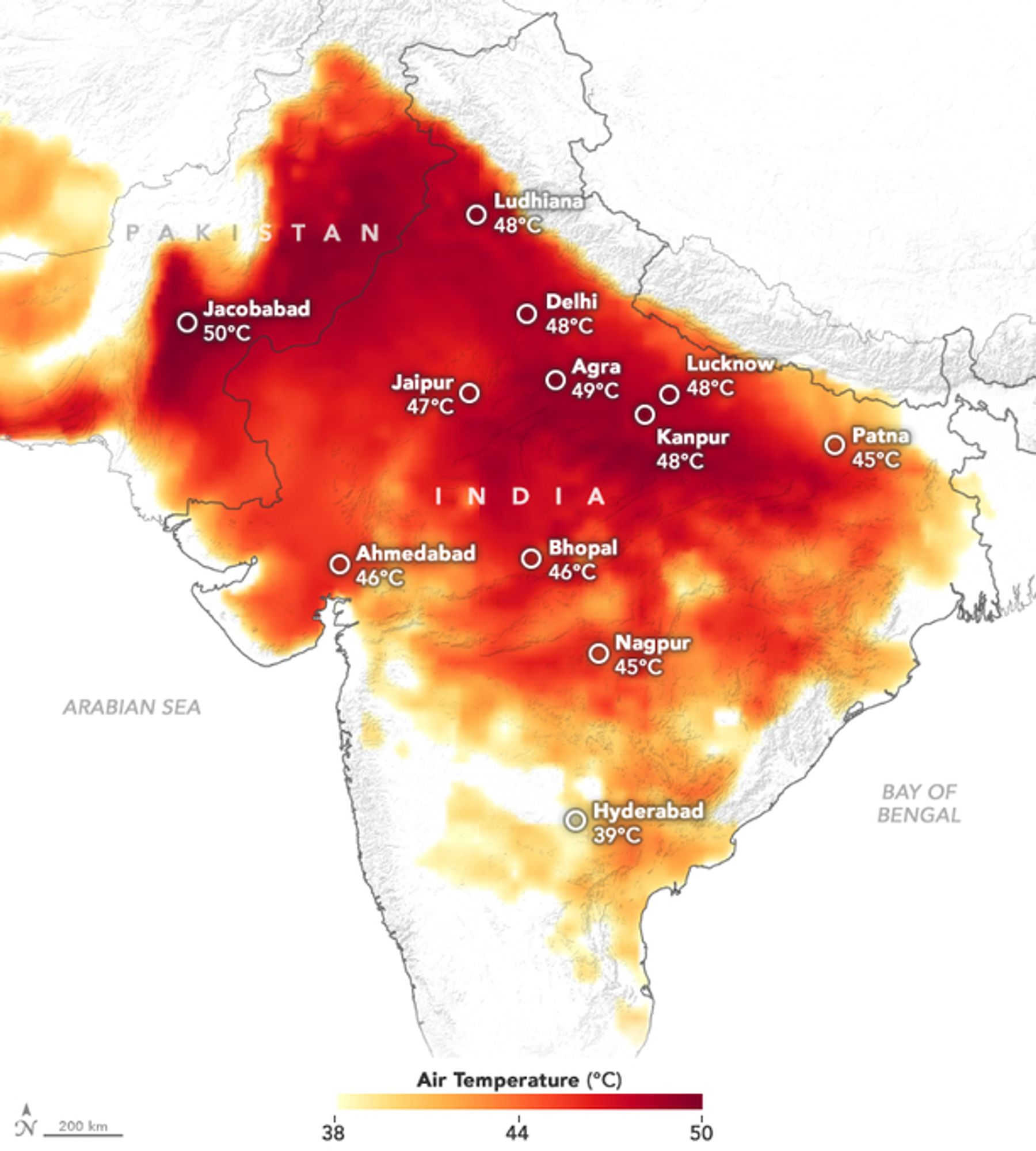 temperatur karte von indien mit werten bis von 46-49 grad im gesamten norden