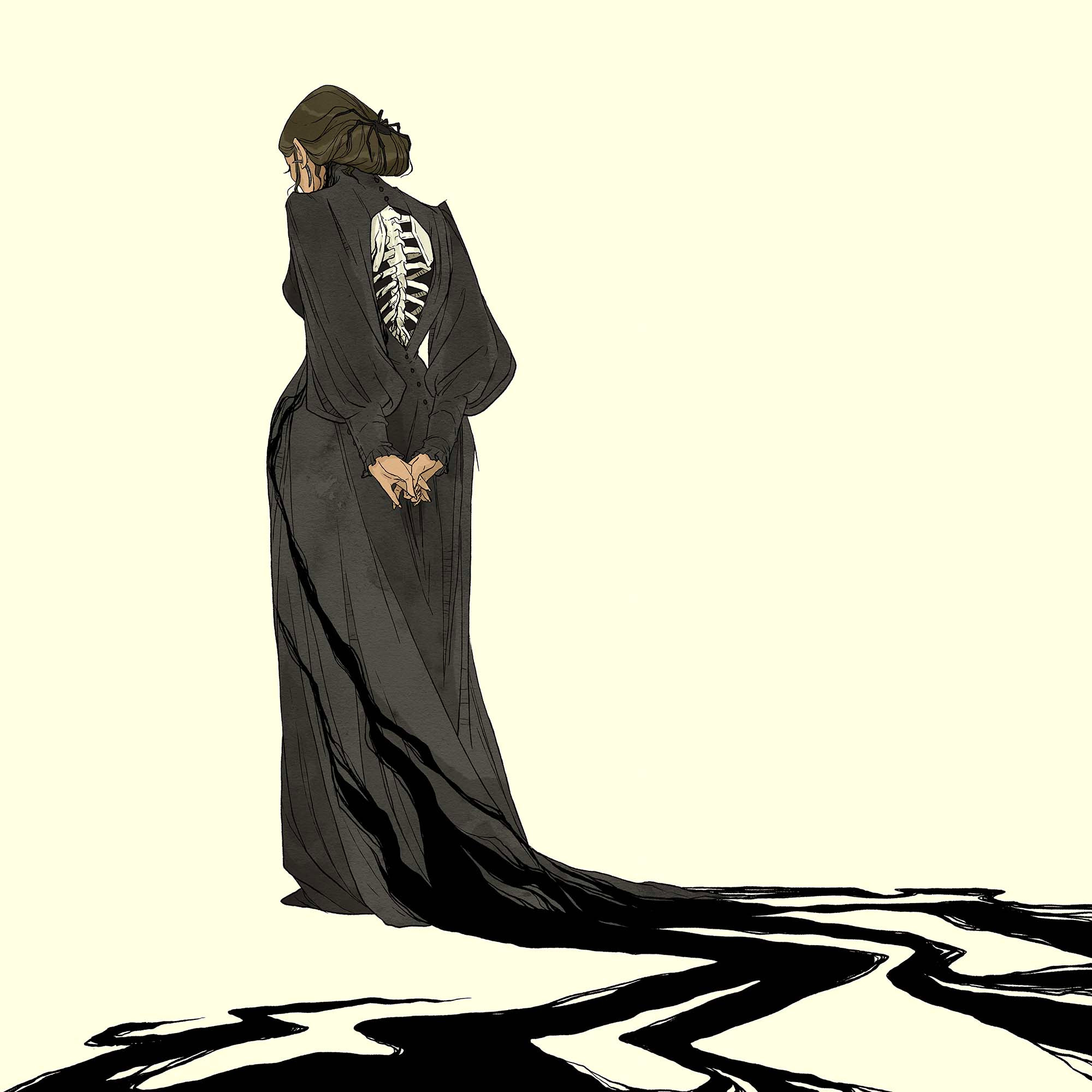 digital sketch by Abigail Larson depicting a woman in a long-sleeve gown with the back cut out to reveal her exposed rib cage. Long tendrils of shadow trail behind her.