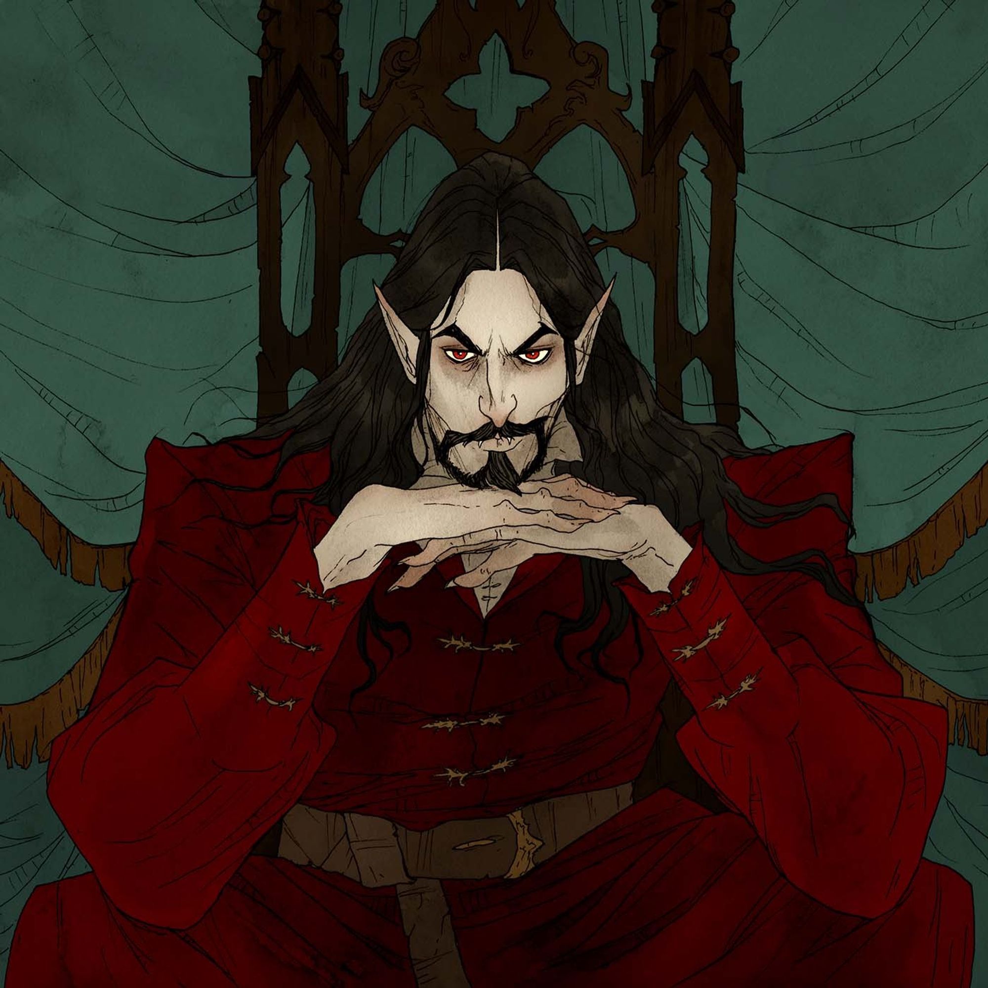 Dracula illustration by Abigail Larson. A portrait of Dracula sitting on an ornate wooden chair leaning forward resting his chin on his hands and staring at the viewer. Teal curtains are draped behind him.