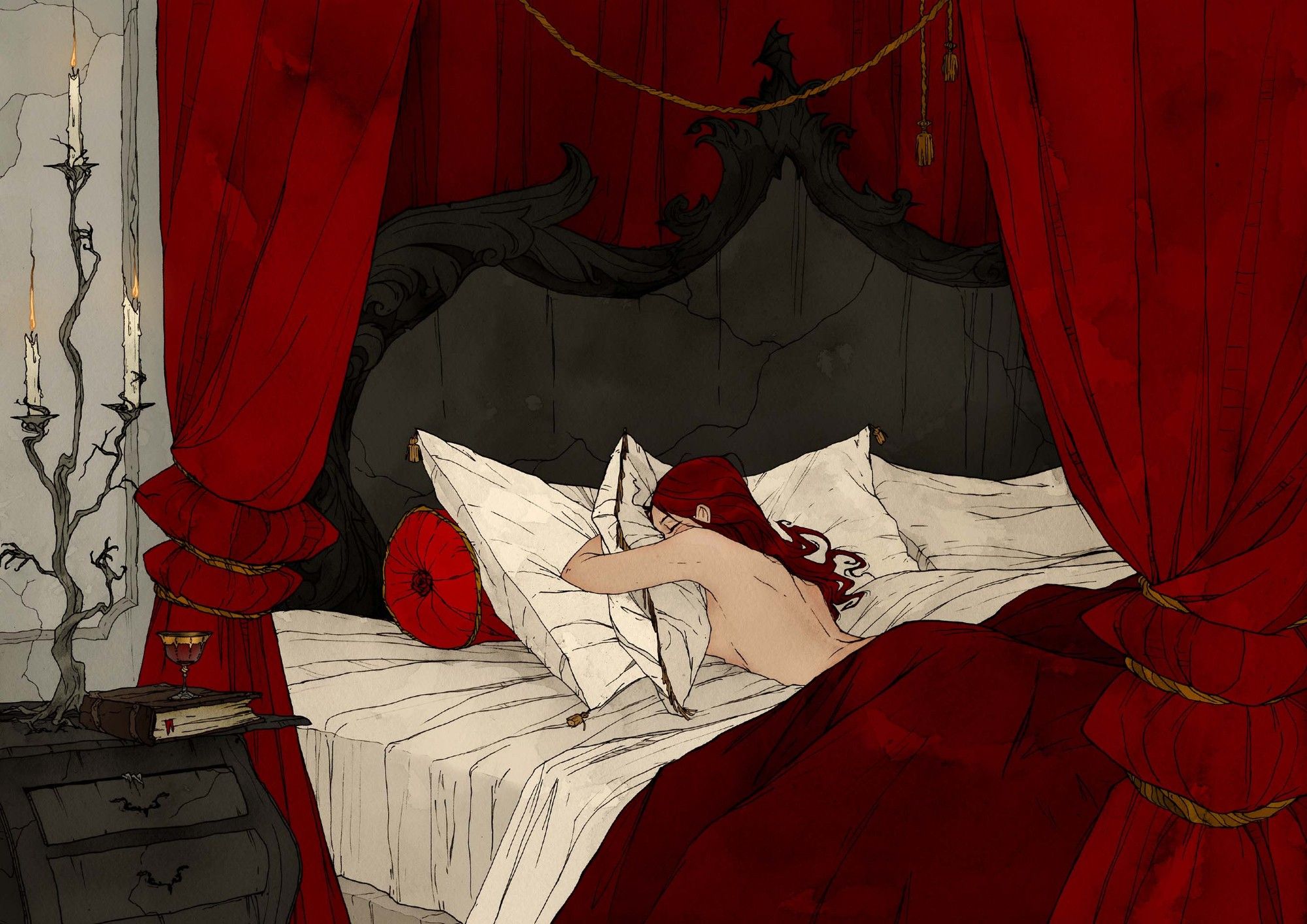 illustration by Abigail Larson depicting a woman asleep in a bed with tall red bed hangings.