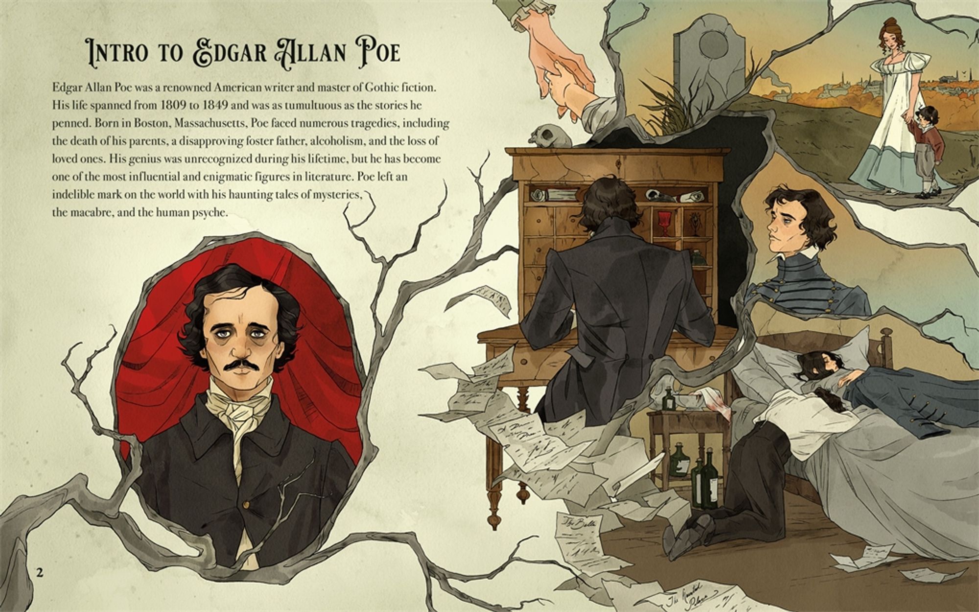 an illustration of a double-page spread illustrated by Abigail Larson showing the life of Edgar Allan Poe for Macmillan's "Edgar Allan Poe Collection" sticker puzzle book. The image shows a portrait of Poe and an adult, and on the right side vignettes of young Edgar with his mother's grave, his adoptive mother, sitting at his writing desk, in his military uniform, and weeping by the bedside of his dying wife.