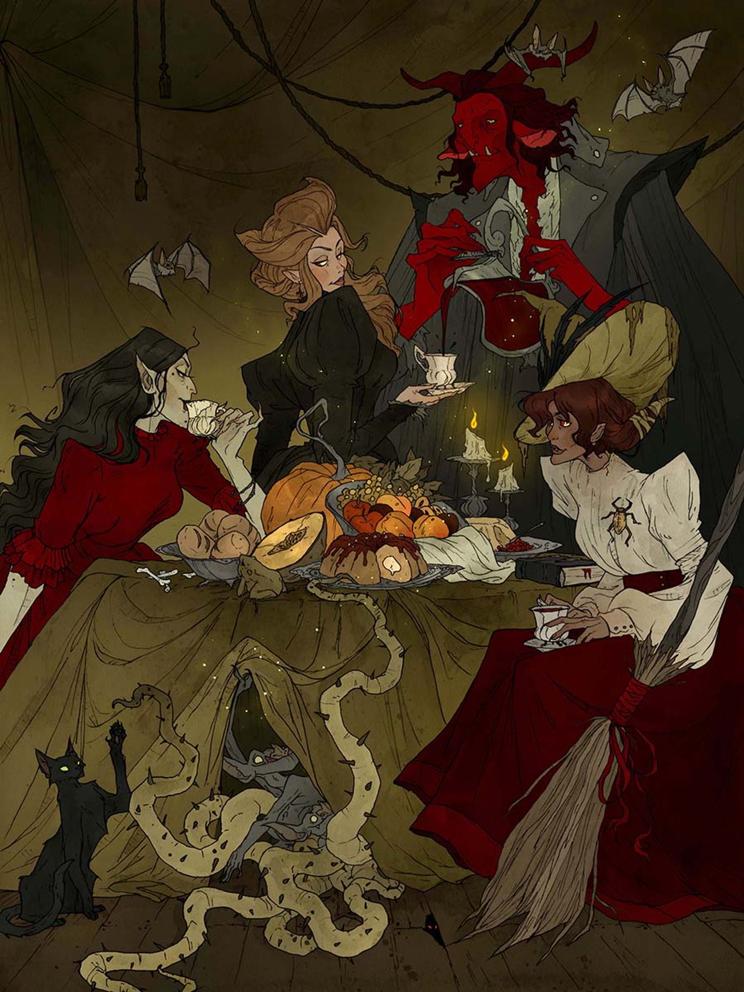 An illustration by Abigail Larson featuring a gathering of witches and monsters enjoying a macabre candlelit banquet. Goblins and a tentacle monster emerge from under the table, and bats fly over their heads. A demon pours a dark red liquid into a teacup.