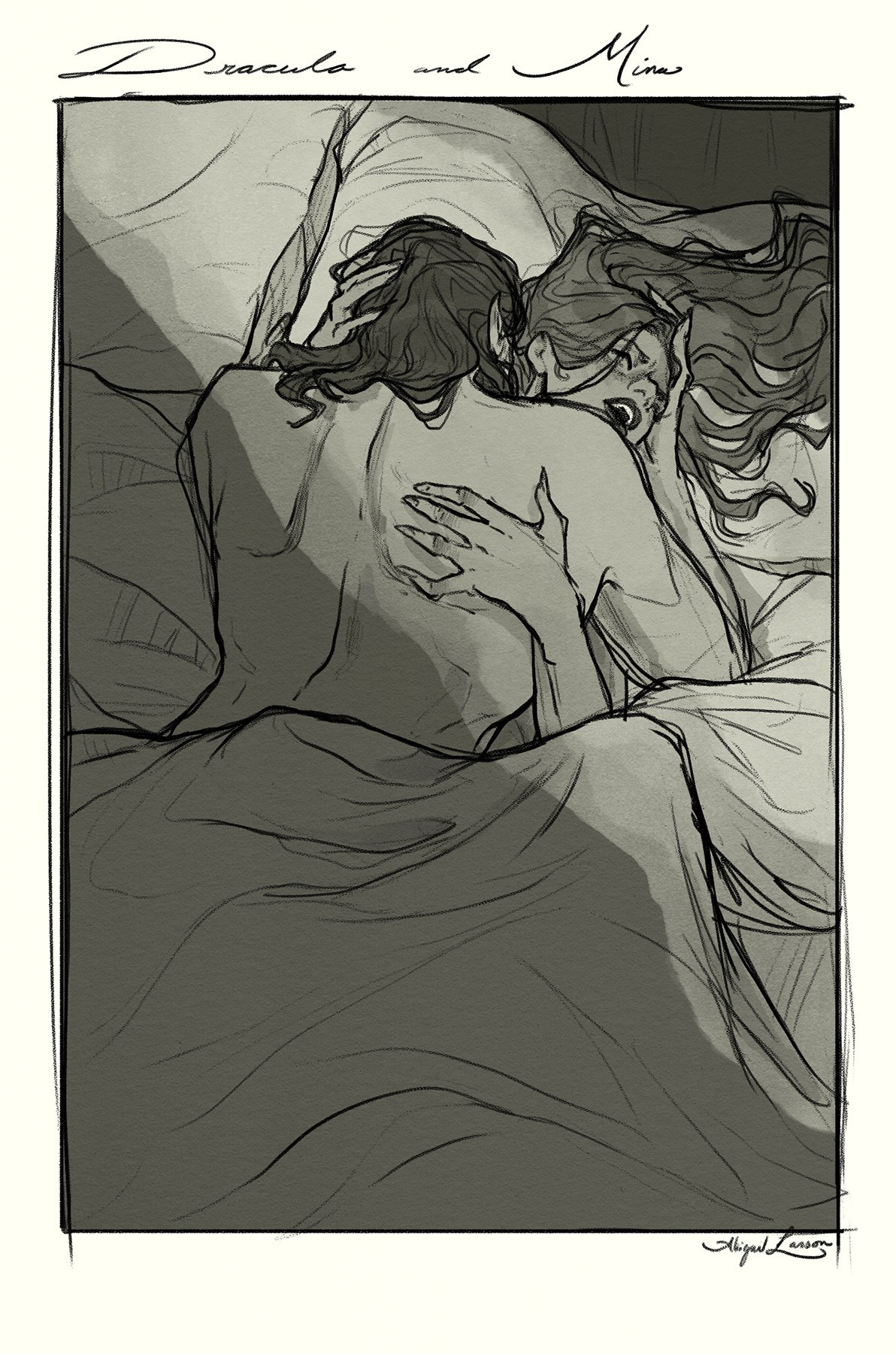 A digital sketch by Abigail Larson depicting a coital scene between Dracula and Mina