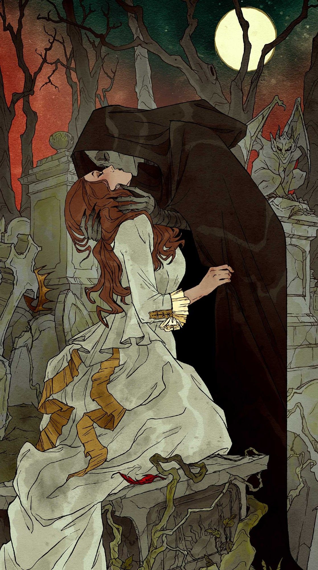 Illustration by Abigail Larson of the Death card for "The Vampire Tarot" depicting a gothic graveyard scene. A black-cloaked female Death kisses a woman in a pale 19th century dress while kneeling on a grave.