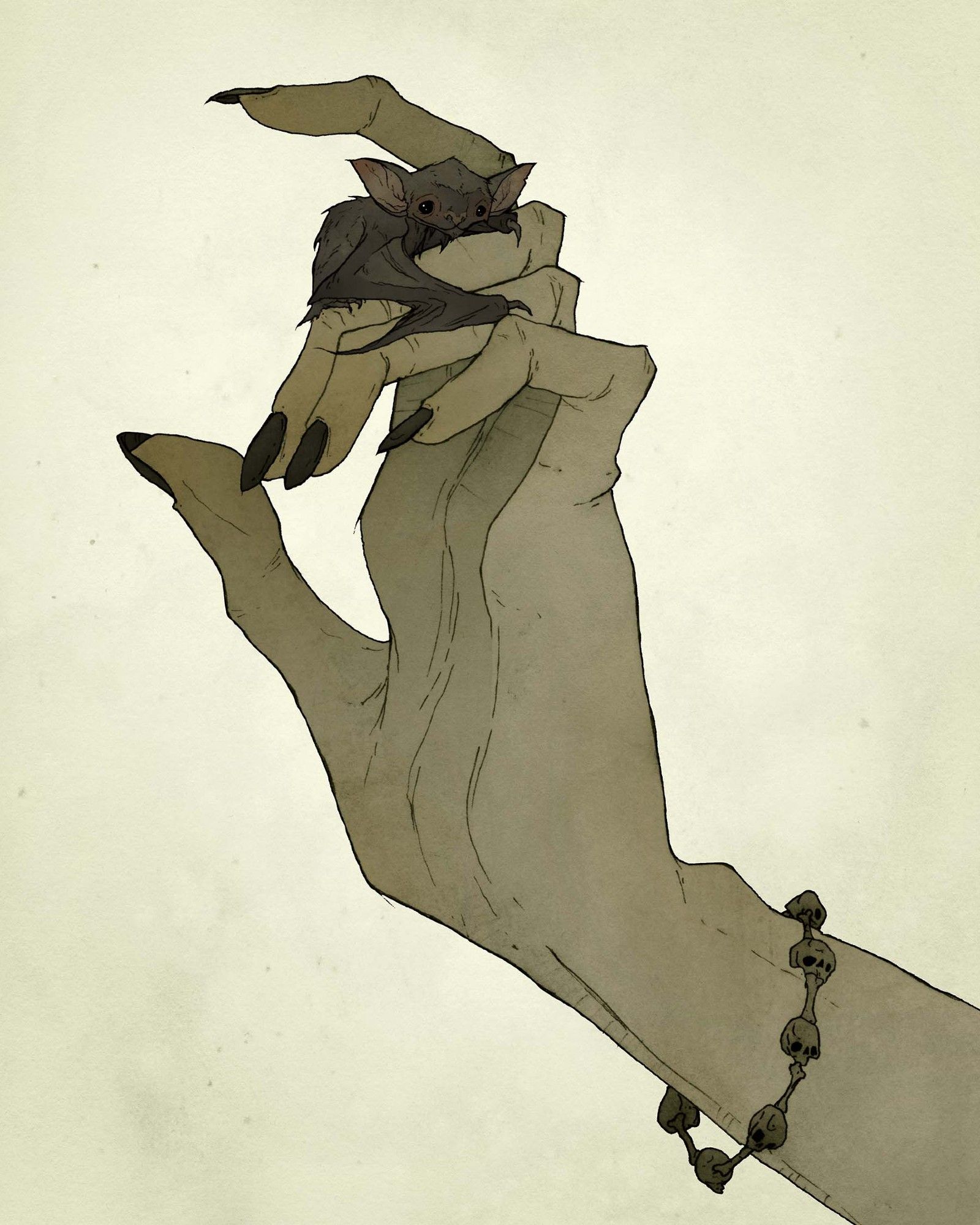 A baby bat clinging to the fingers of a green-tinged witchy hand