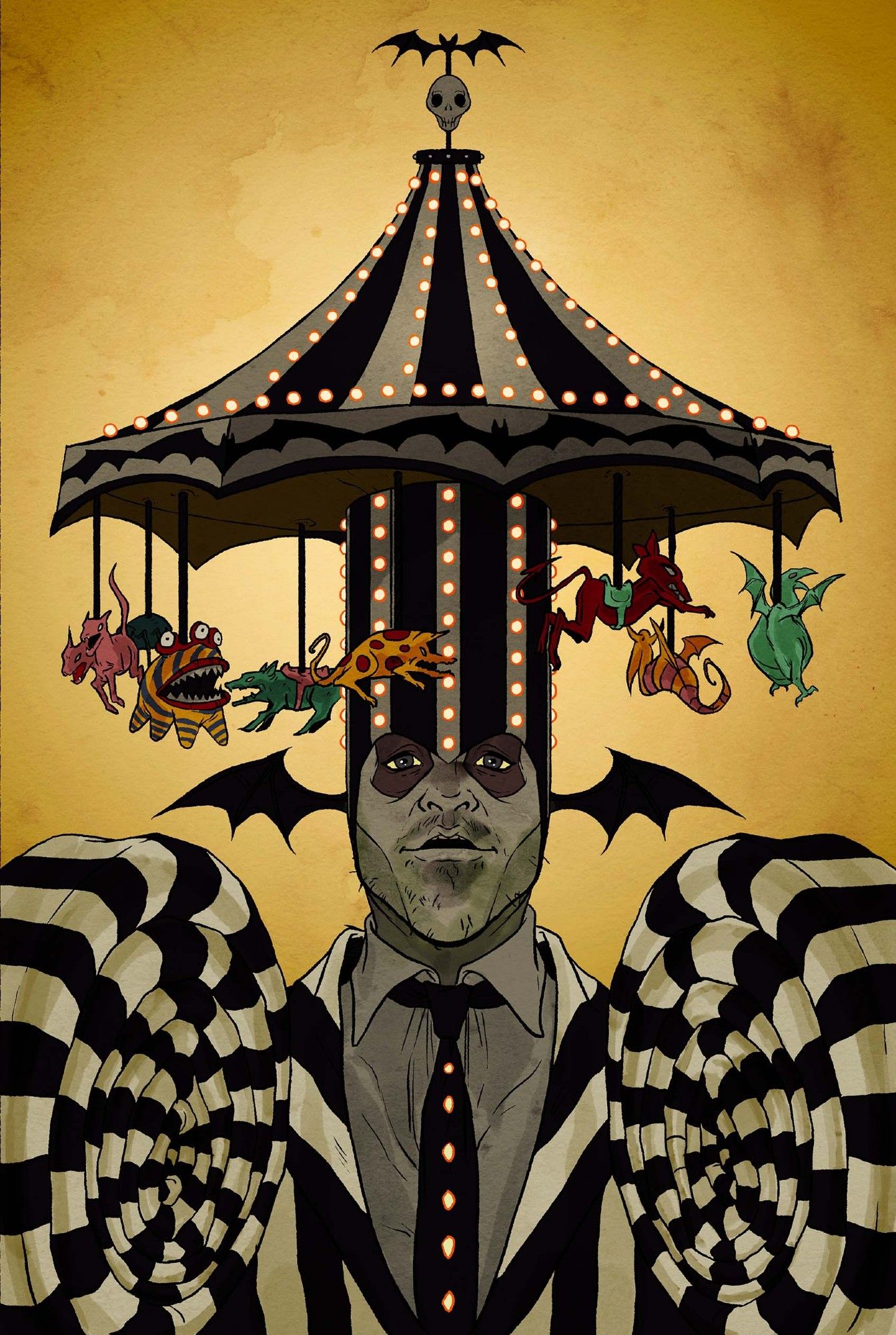 Beetlejuice tarot card "wheel of fortune" featuring the Beetlejuice carousel scene on a yellow background