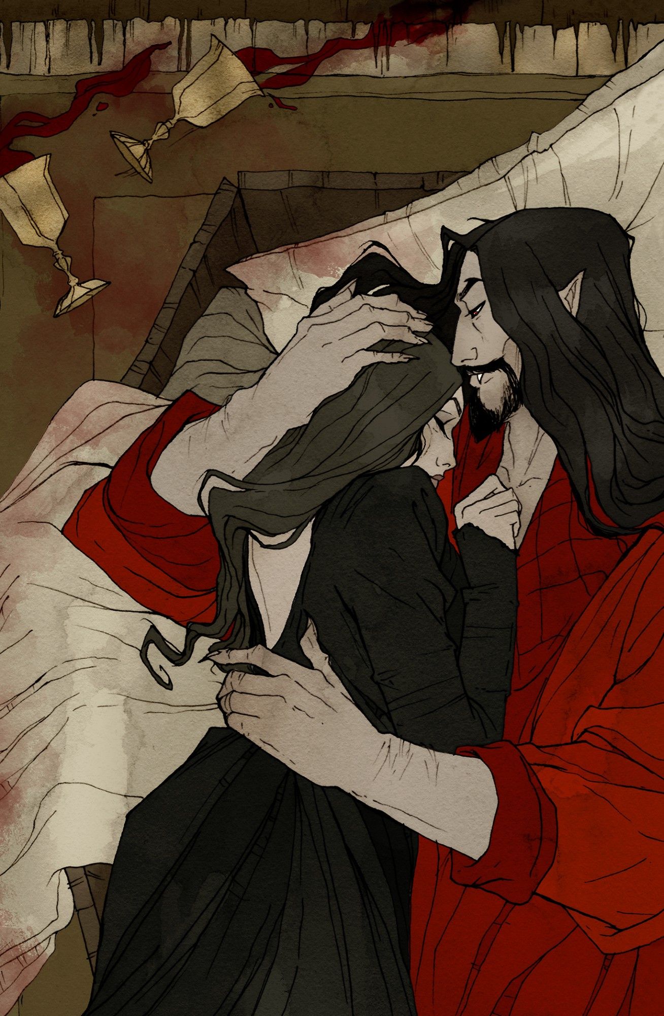 The "Two of Cups" card from the Horror Tarot by Abigail Larson. Dracula and Mina are embracing inside a coffin. Two brass cups lay spilling blood near them.