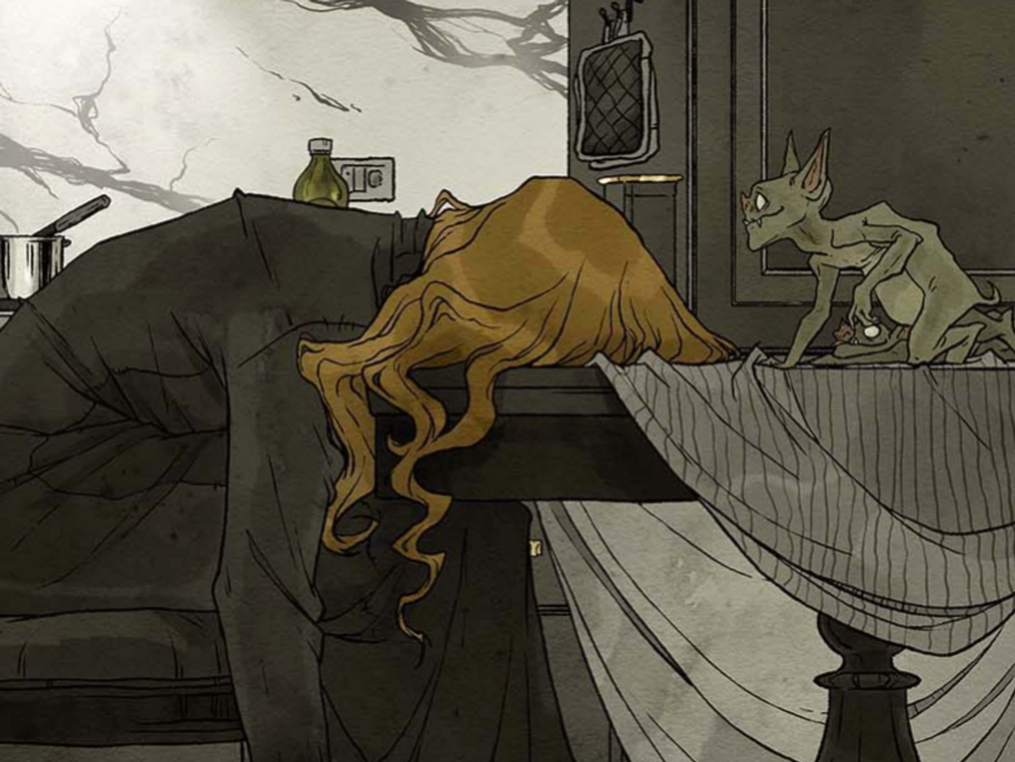 cropped image of Abigail Larson's "burned out" illustration focusing on the goblins on top of the table.