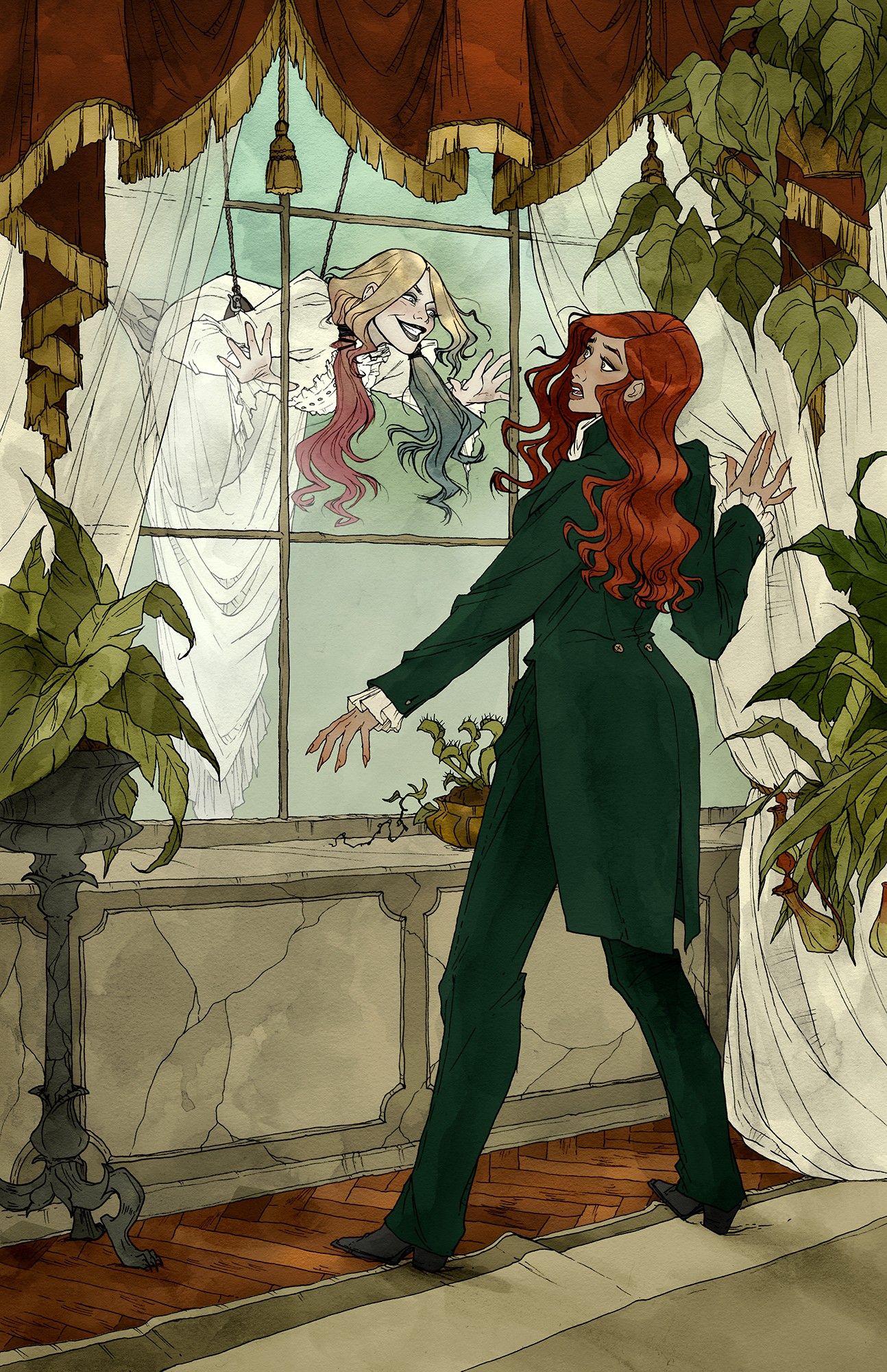 Harley Quinn #43 (Cover E - Inc 1:25 Abigail Larson Card Stock Variant)

Illustration by Abigail Larson featuring Harley Quinn and Ivy. Ivy is in a dark green suit looking out of a window in surprise seeing a "ghostly" Harley Quinn suspended from a harness "floating" in the window. Inside the room are various plants.