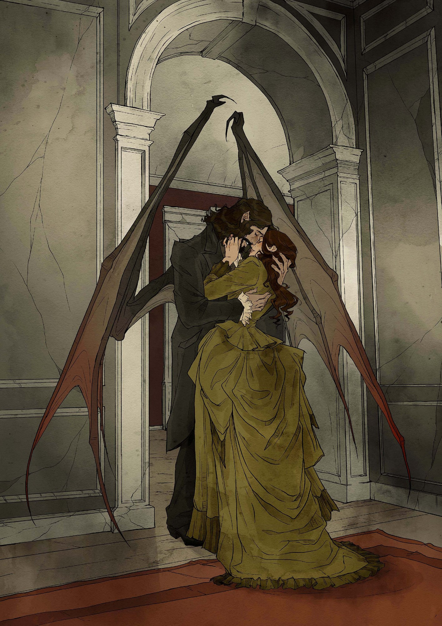 Illustration by Abigail Larson depicting a vampire with large folded bat-like wings embracing a human woman. They're in 19th century clothing and stand in a room with an arched doorway.