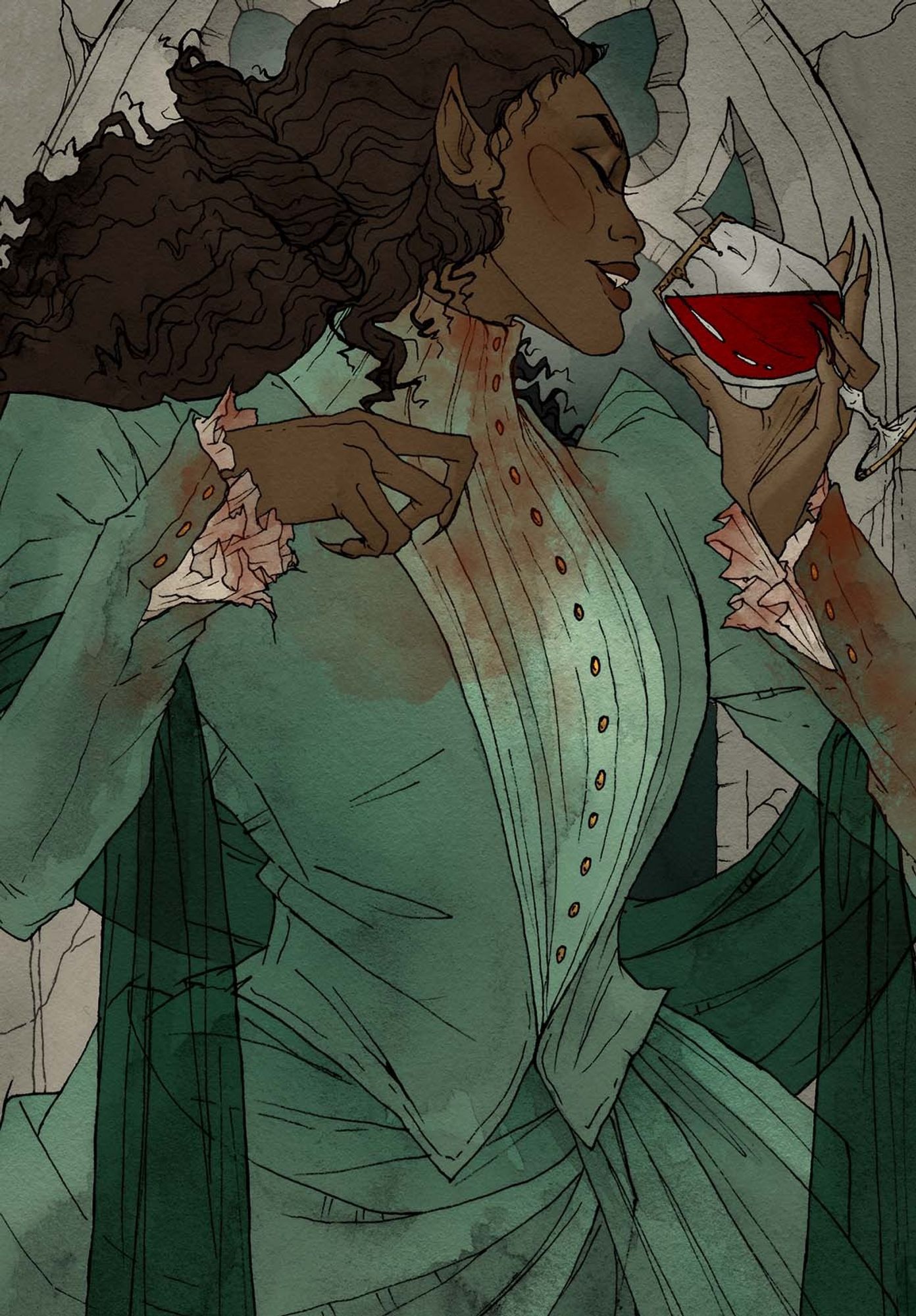 A cropped version of the "queen of cups" card from the Horror Tarot by Abigail Larson. The image depicts a vampire in a teal Victorian gown sipping from a glass filled with blood. She stands in front of a gothic window