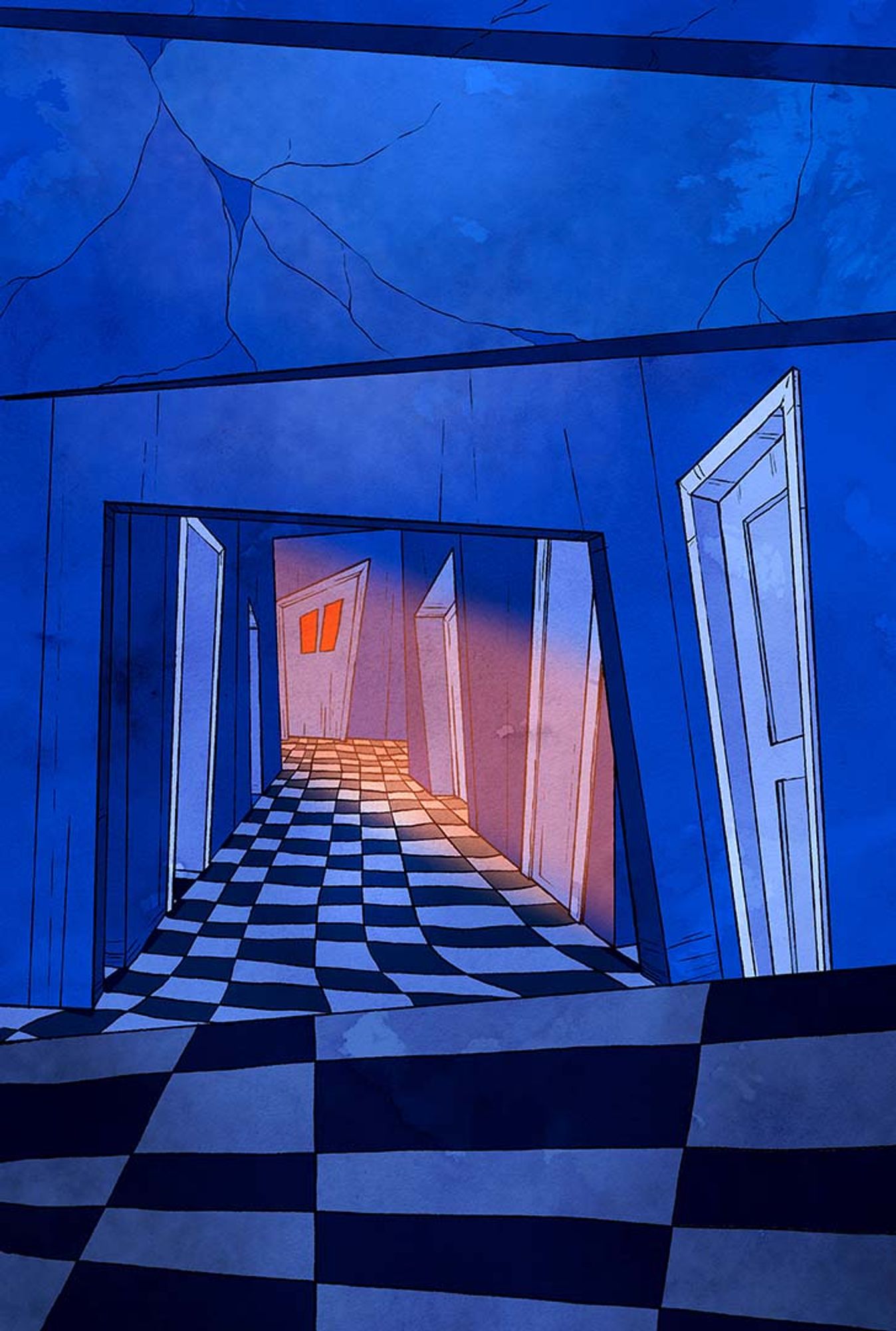 Beetlejuice tarot "World" card depicting the Netherworld (Neitherworld) hallway in blue light. A door with red light is at the end of the hall