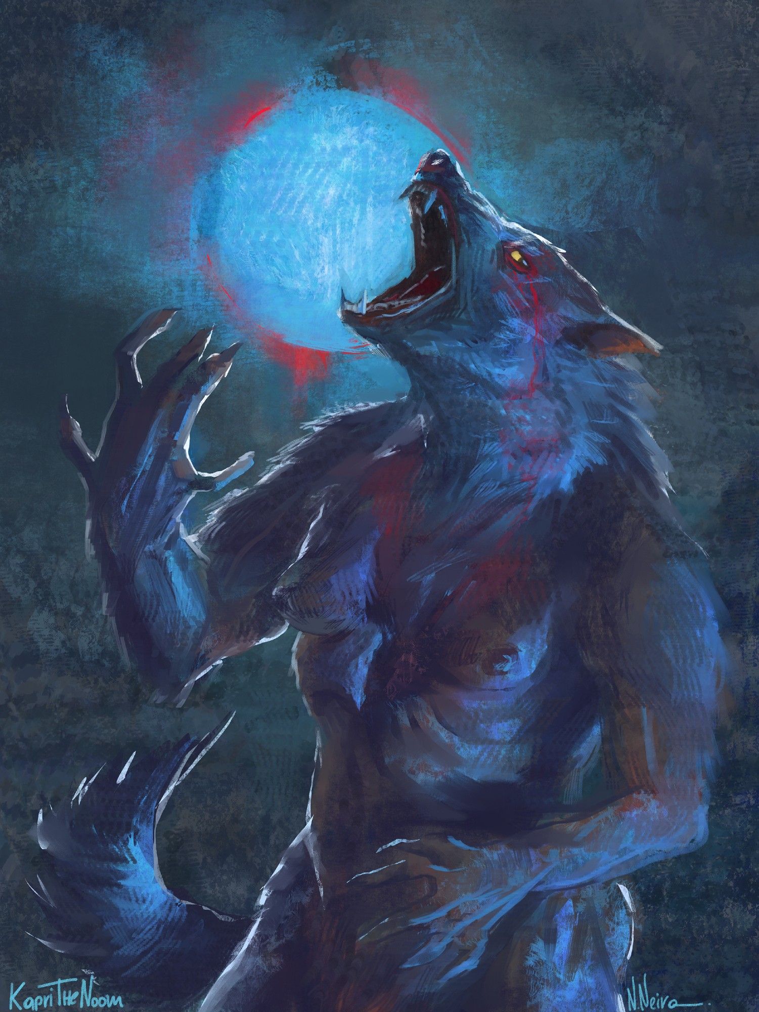 A female Werewolf transformation crying crimson tears, a blue moon with a red rim on the background.