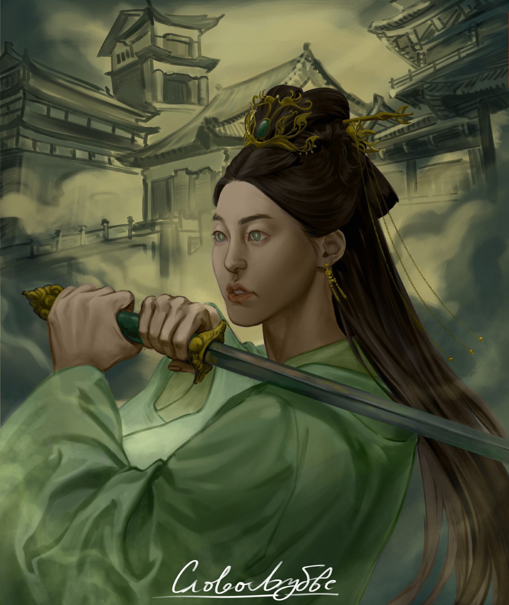 Digital illustration of character Yushi Huang from Heaven Official's Blessing series. She is depicted holding a sword at her throat. She is dressed in green robes and wears golden jewelry.