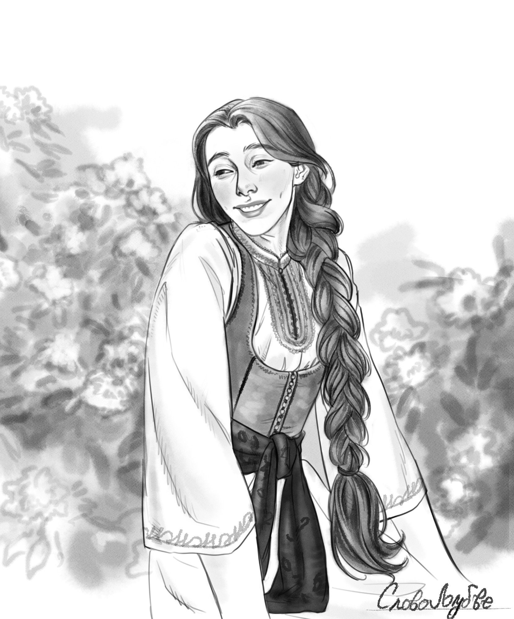 Digital ink illustration of a character with long hair put in a braid, looking to the side with a smile on their face