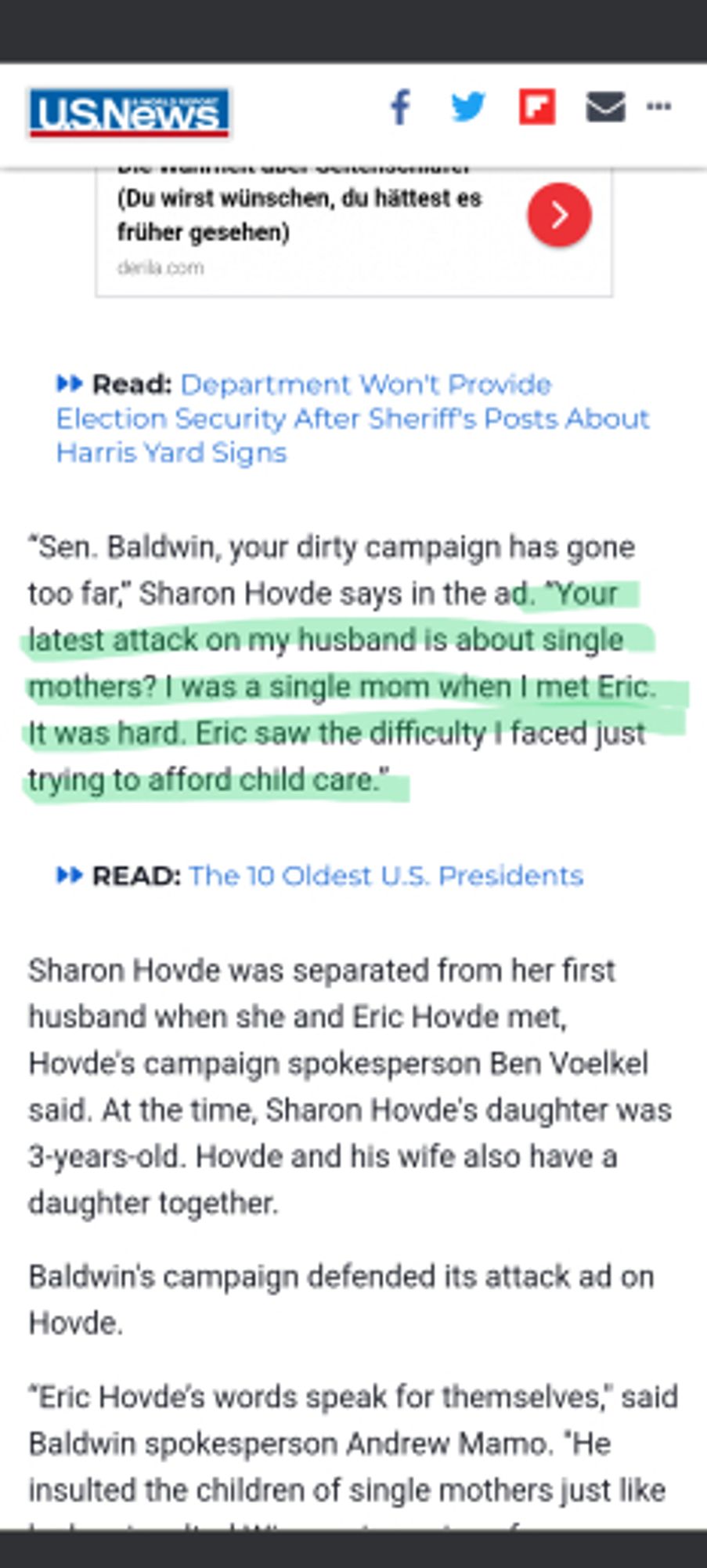 “Sen. Baldwin, your dirty campaign has gone too far,” Sharon Hovde says in the ad. “Your latest attack on my husband is about single mothers? I was a single mom when I met Eric. It was hard. Eric saw the difficulty I faced just trying to afford child care.”


Sharon Hovde was separated from her first husband when she and Eric Hovde met, Hovde's campaign spokesperson Ben Voelkel said. At the time, Sharon Hovde's daughter was 3-years-old. Hovde and his wife also have a daughter together.