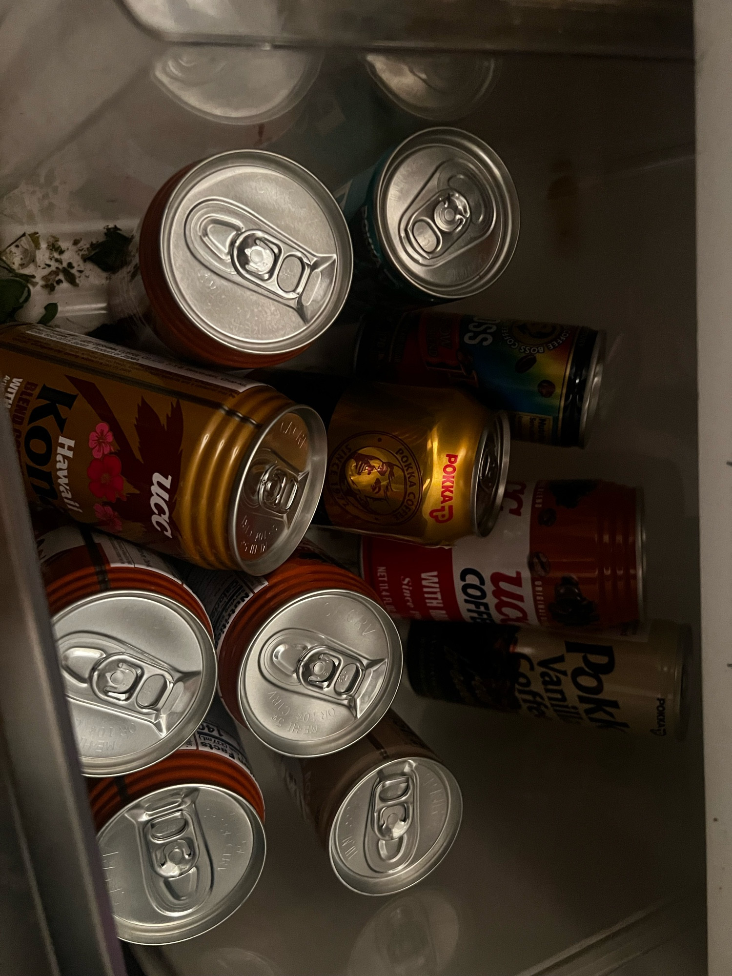 My fridge filled with various cans of coffee 
Boss, pokka, kona, ucc, etc