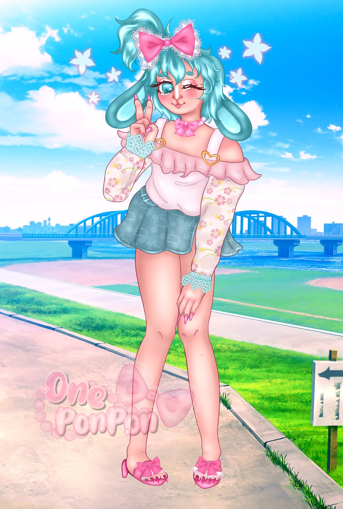 Hatsune Miku (MikuPon) drawn in outfit and design like a bunny to mimic the artist vtuber model (One PonPon) 