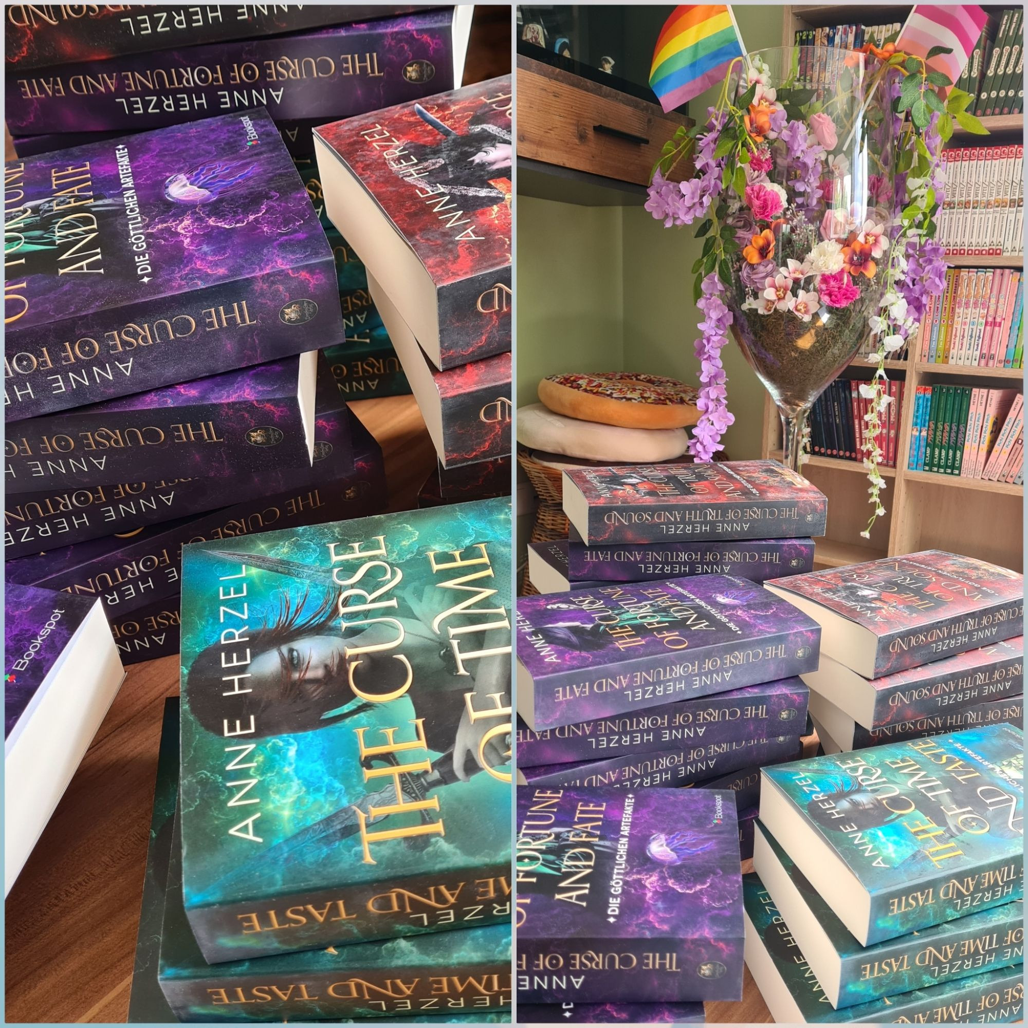 Zwei Bilder nebeneinander in Collage: Links in Ausschnitten die Bücher der The Curse-Reihe, rechts die Bücher vor einem bunt dekorierten Glas mit Pride-Flag