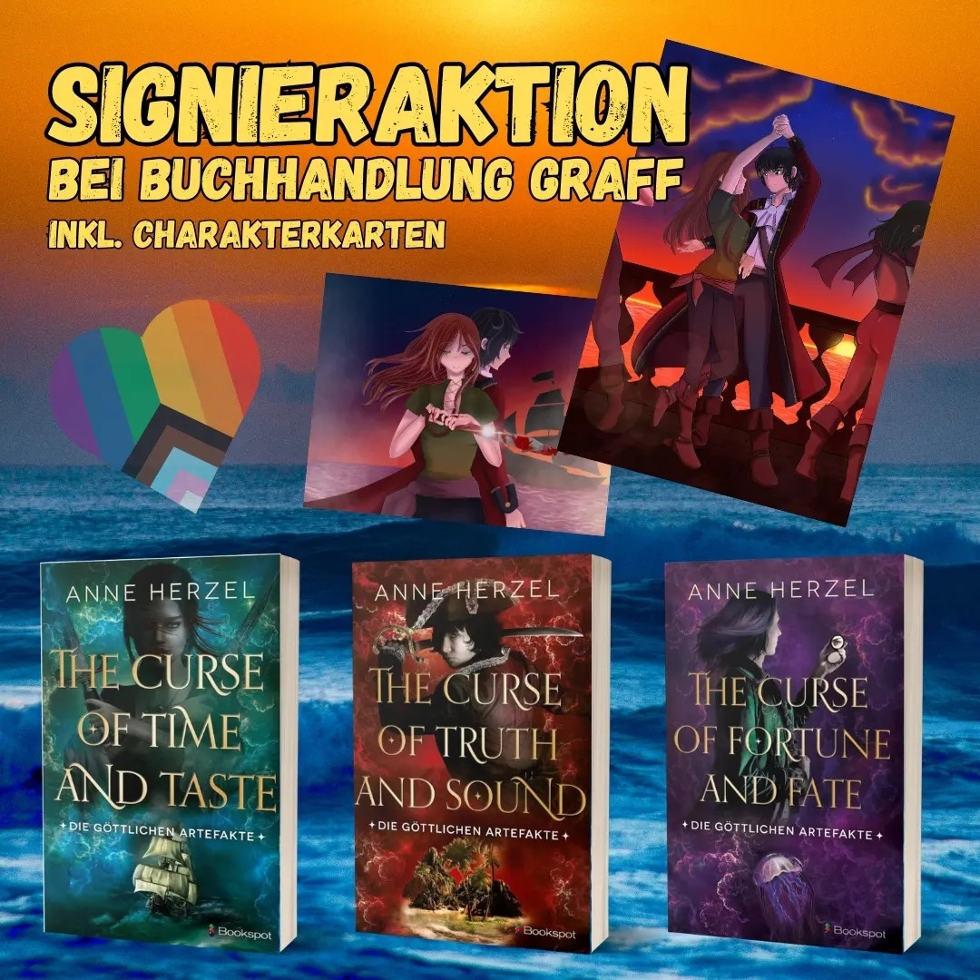 Infografik: Signieraktion Buchhandlung Graff inkl. 2 Charakterkarten
Nebeneinander die Bücher The Curse of Time and Taste, The Curse of Truth and Sound und The Curse Fortune and Fate