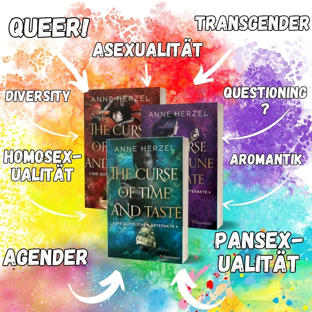 Grafik mit den Büchern der The Curse-Reihe vor buntem HG, drum herum Pfeile mit: Queer, Asexualität, Transgender, Diversity, Homosexualität, Questioning, Aromantik, Agender und Pansexualität