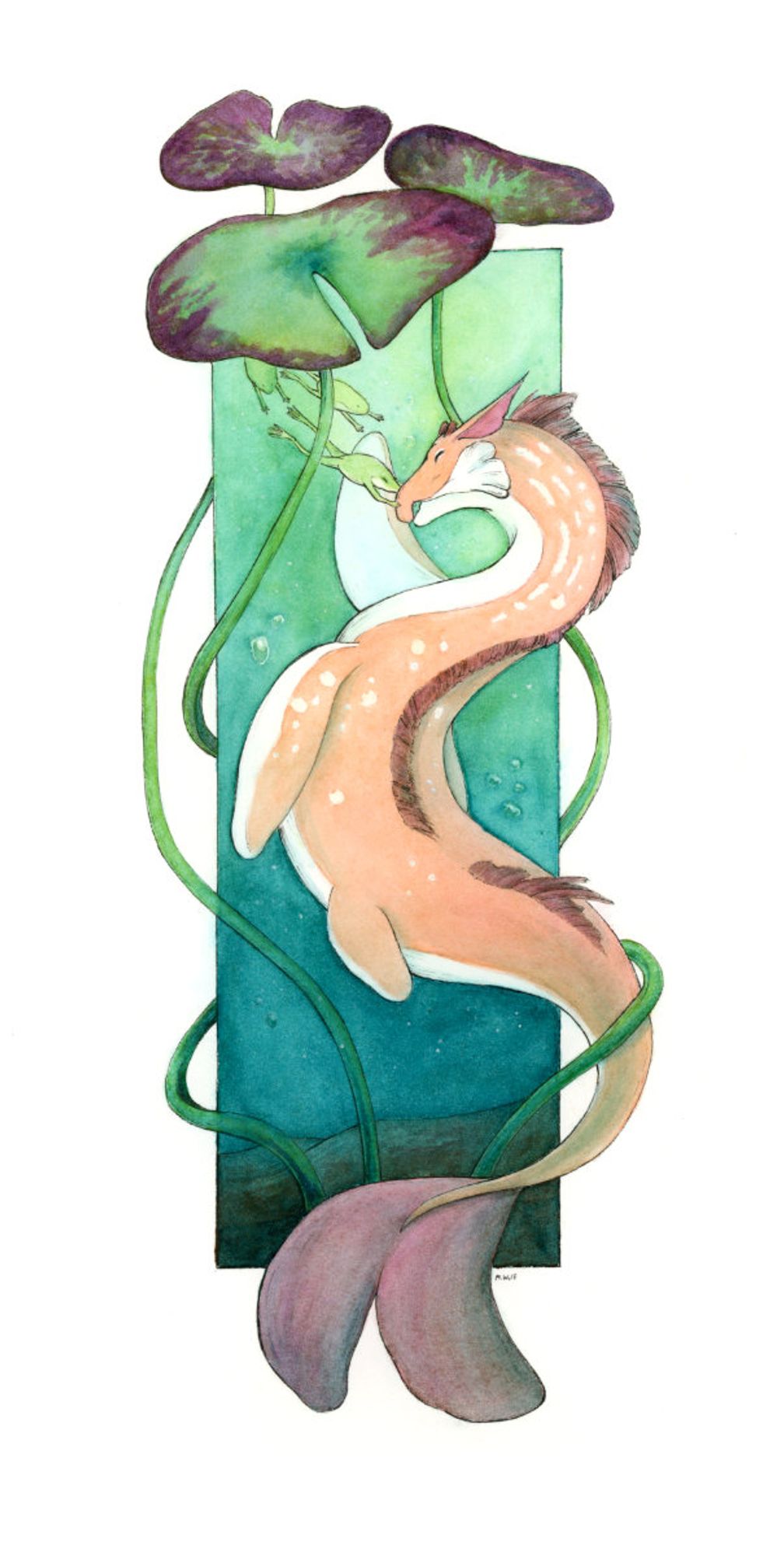 Watercolor illustration of a dragon and frogs underwater. The dragon and a frog rub their noses in greeting.