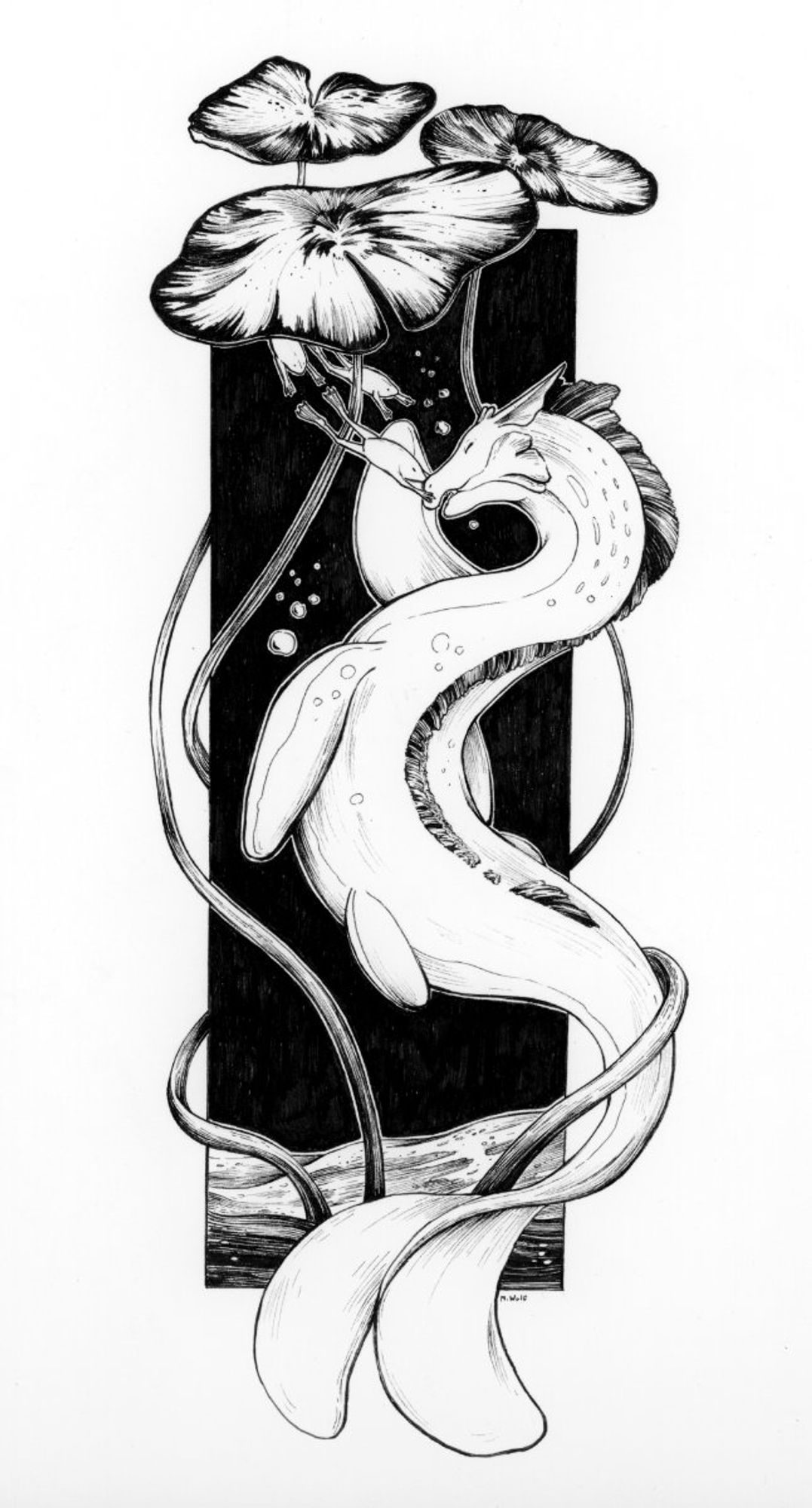 Ink illustration of a dragon and frogs underwater. The dragon and a frog rub their noses in greeting.