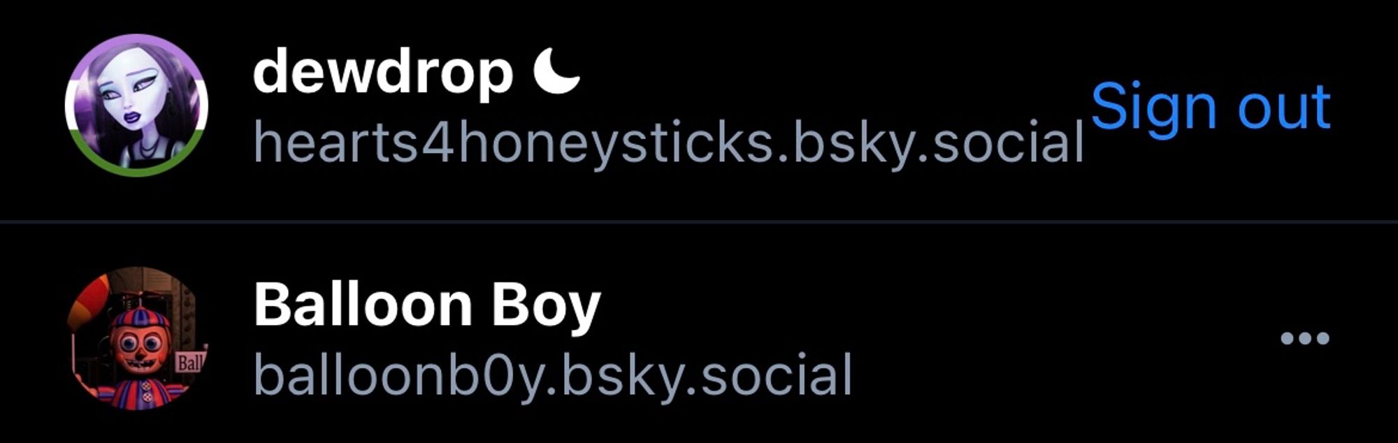 two accounts listed: @hearts4honeysticks and @balloonb0y