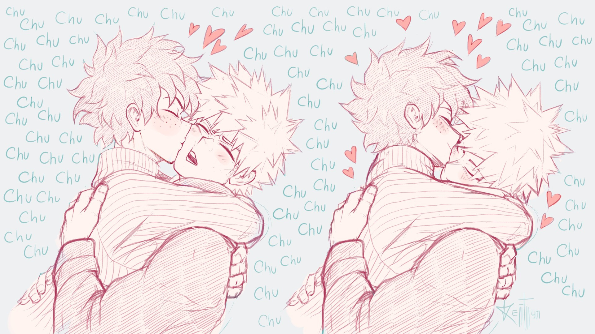 Artsy of Izuku and Katsuki very lovely towards each other. At first Izuku is "attacking" Katsuki with a lot of kisses while Katsuki is trying to act like he's resisting them, but then Kat melts on Izuku's hold while both smile blissfully