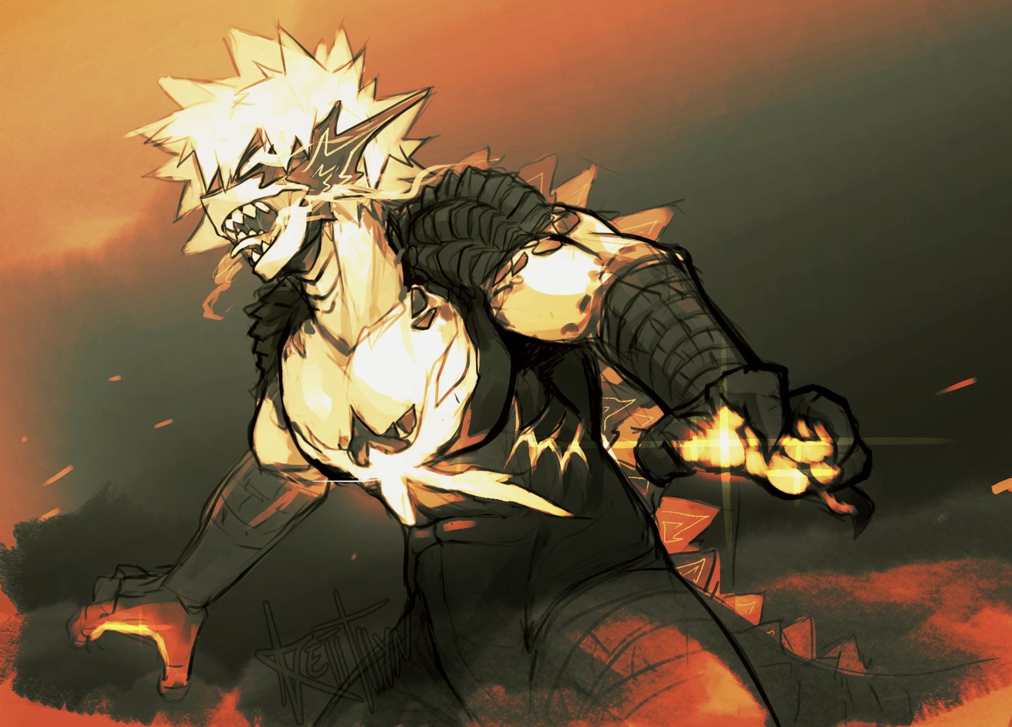 Artsy of Godzilla Bakugou flaring his powers with smoke coming out of his mouth