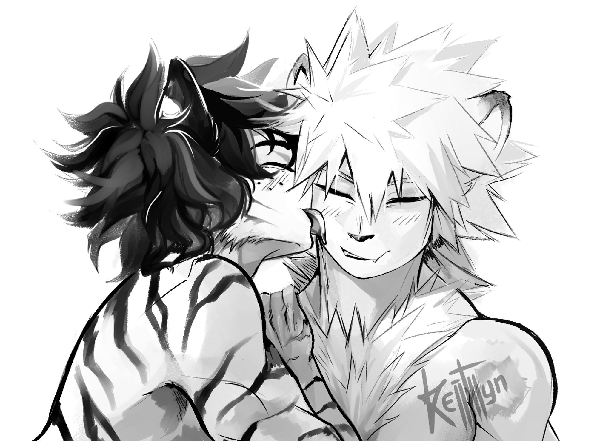 Artsy of Deku as a hybrid tiger licking the cheek of hybrid lion Katsuki. They both smile happily and their cheeks blush.