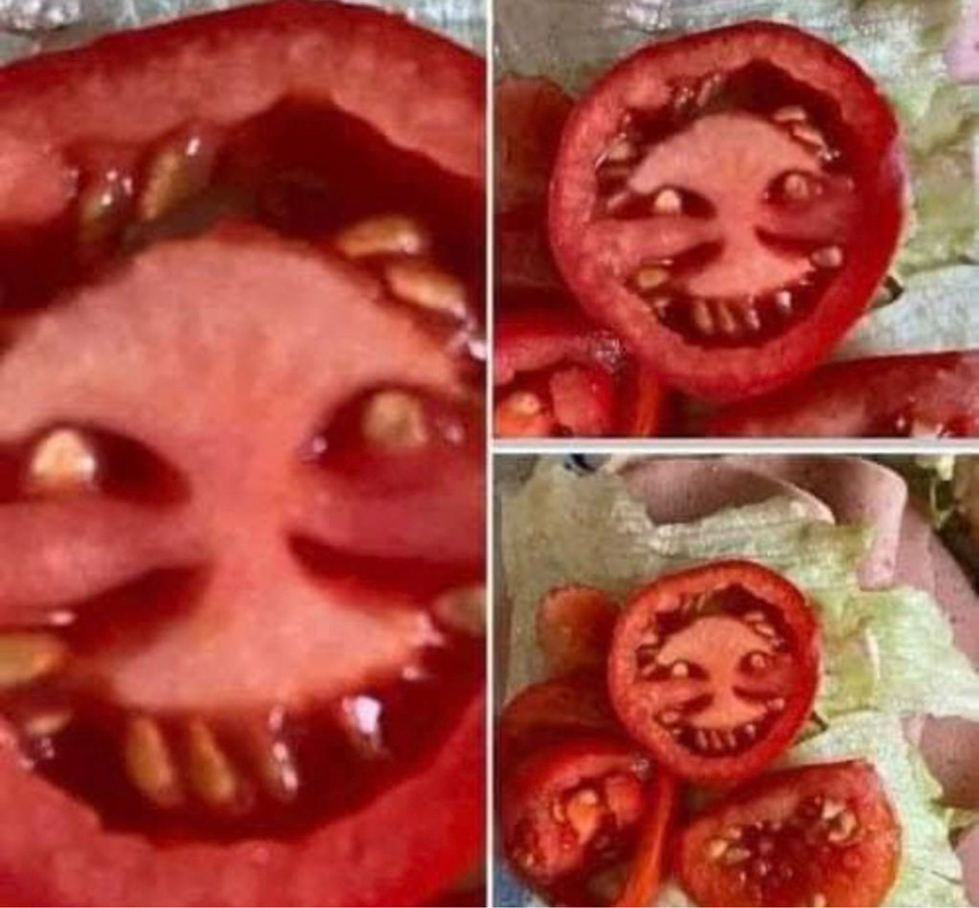 A cut tomato that looks like a demon face