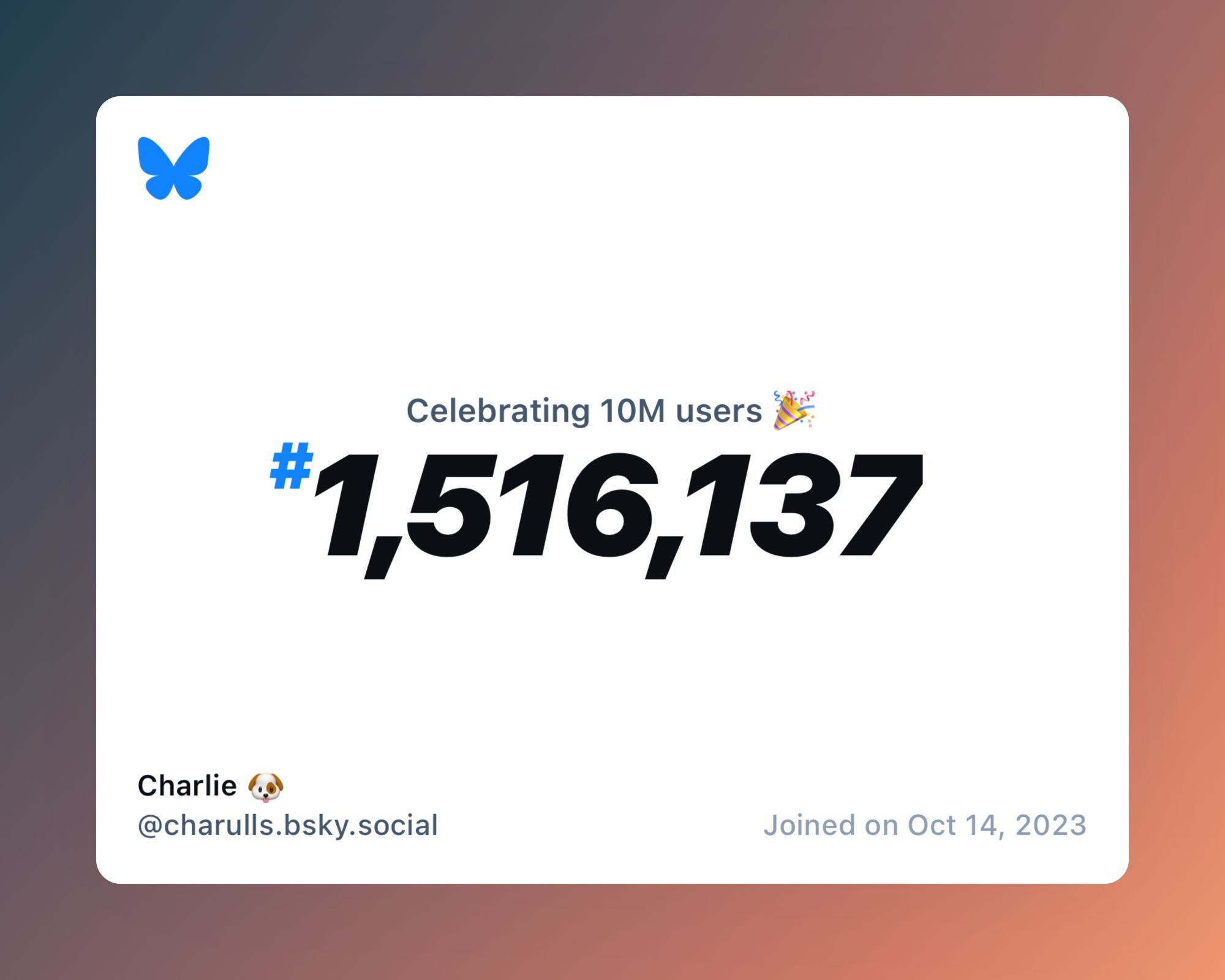 A virtual certificate with text "Celebrating 10M users on Bluesky, #1,516,137, Charlie 🐶 ‪@charulls.bsky.social‬, joined on Oct 14, 2023"