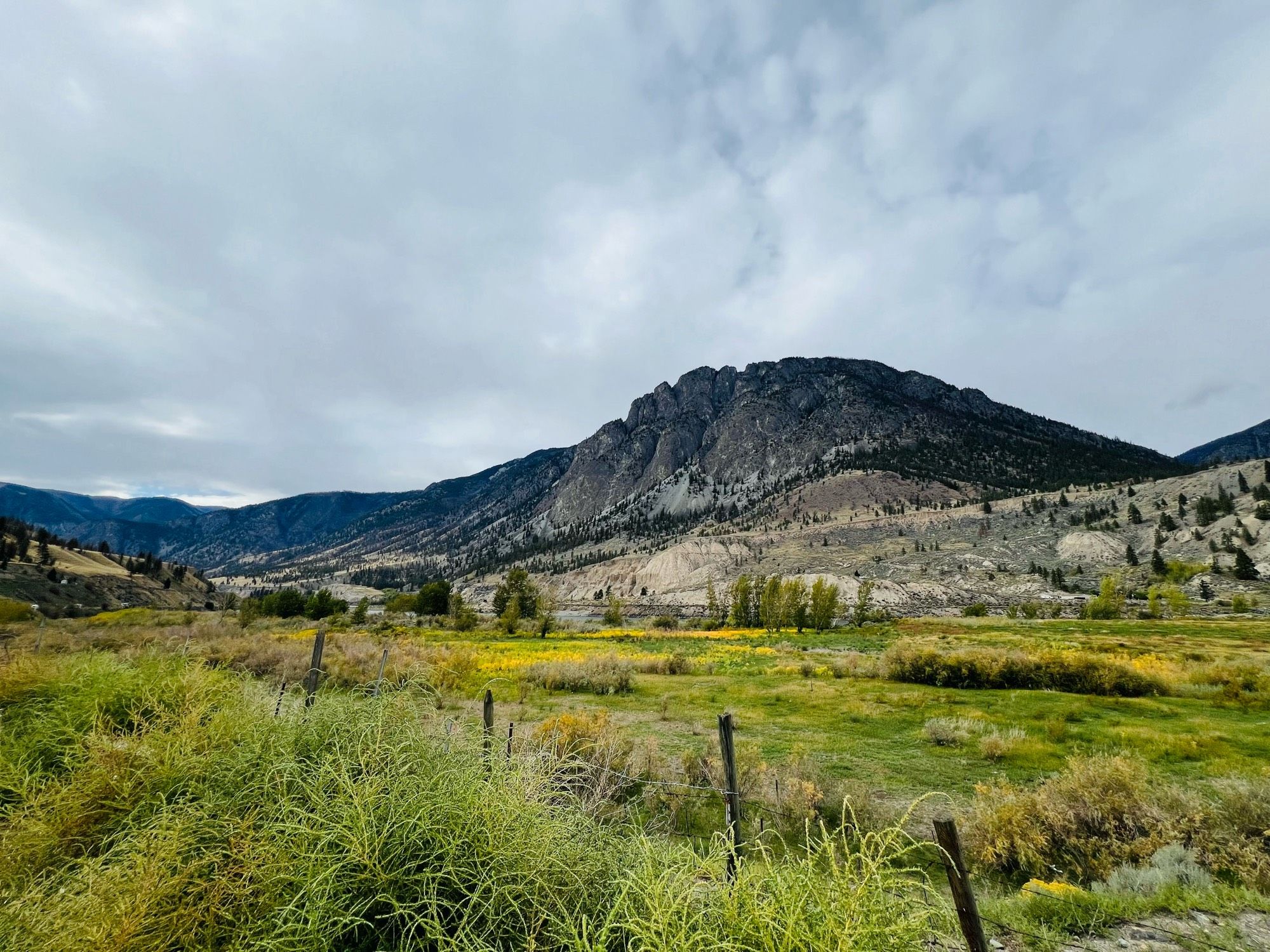 Photo of a green field in front of mountains and trees just outside of Ashcroft BC.