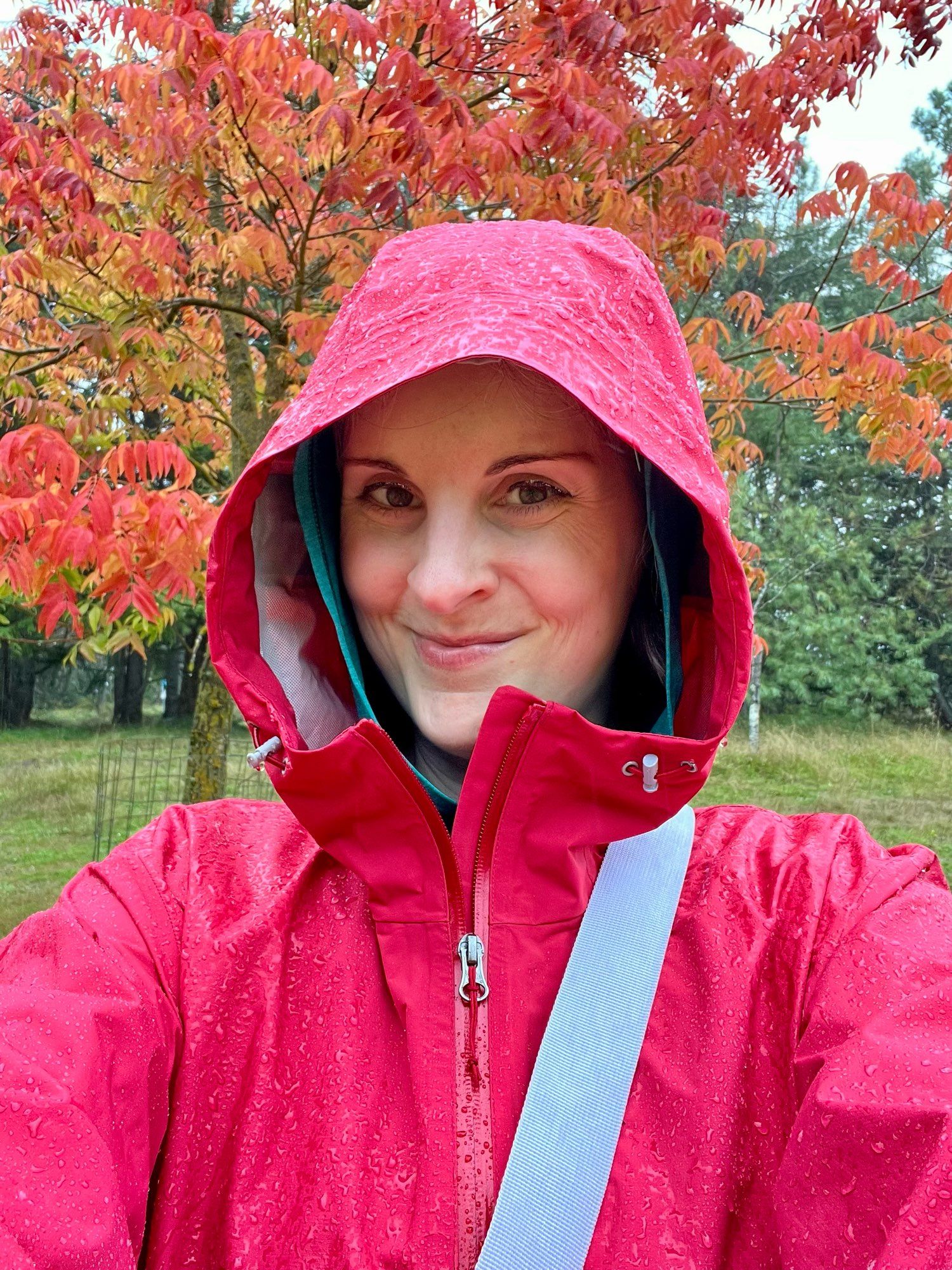 Selfie of Jen in the rain wearing a red coat and standing in front of a red tree.