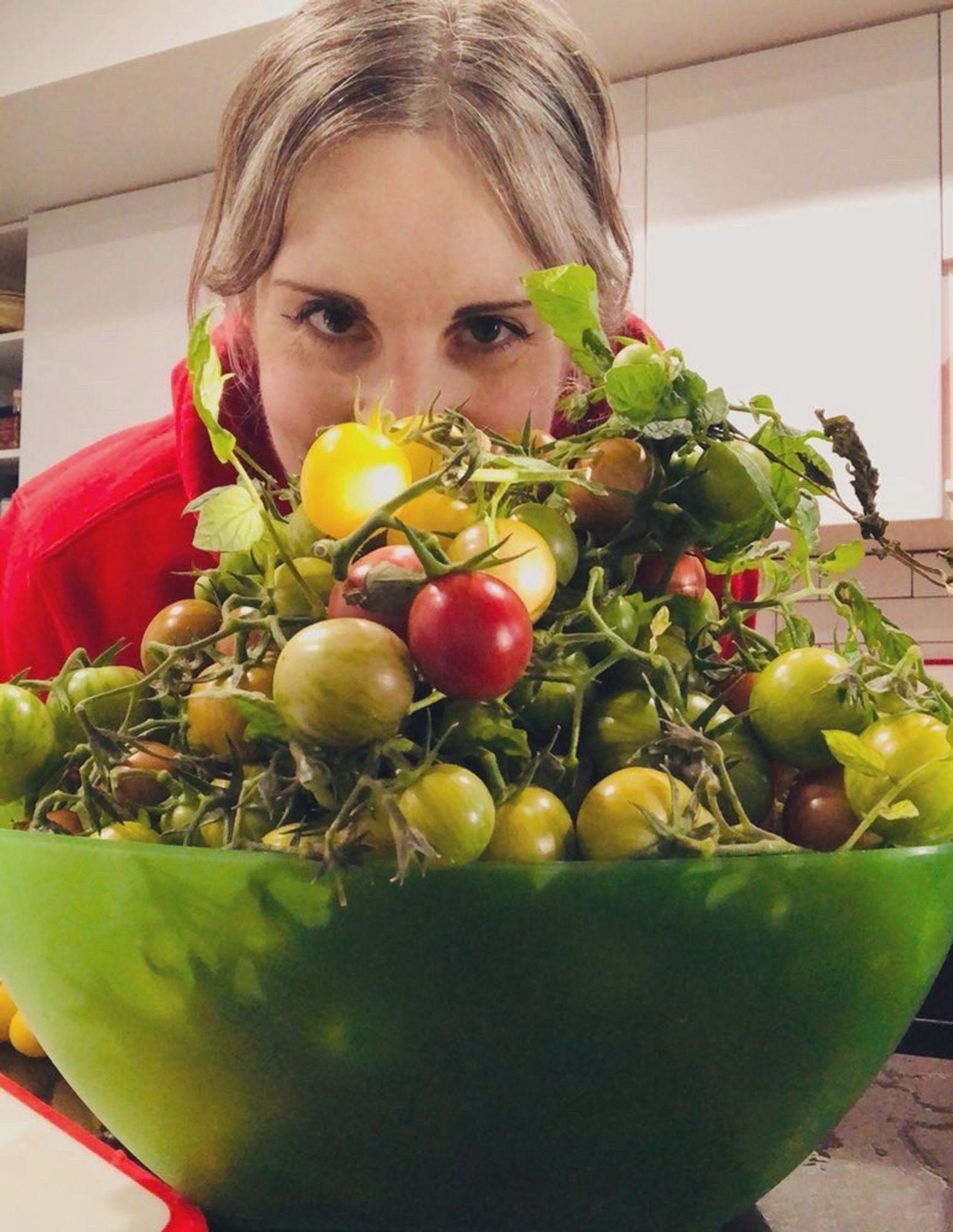 Selfie of Jen standing behind a bowl of freshly picked tomatoes.