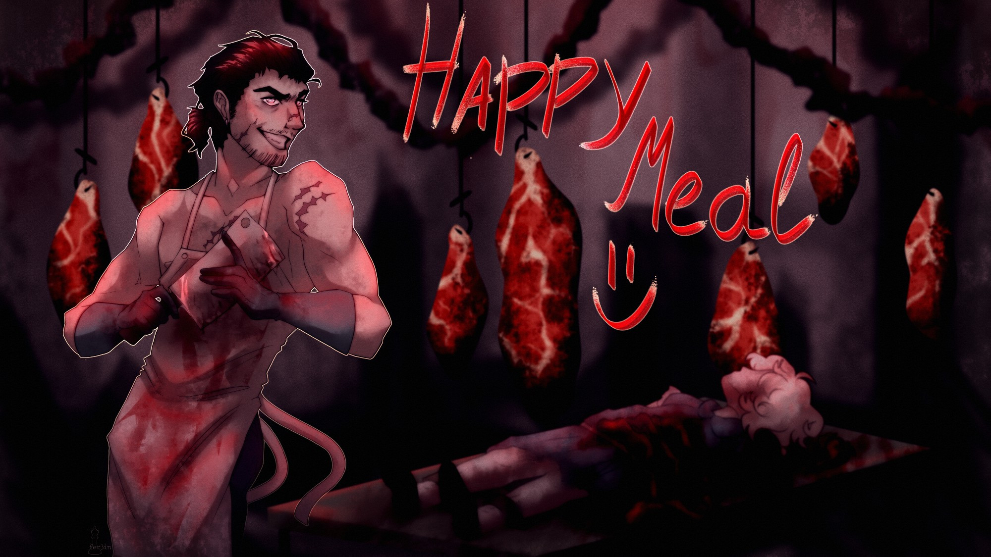 Man in apron and gloves covered in blood is holding a cleaver. In the background there's hanging meat and... a dead girl without arm and taken out innards. Oh, there's also a cute sentiment! "Happy meal :)"