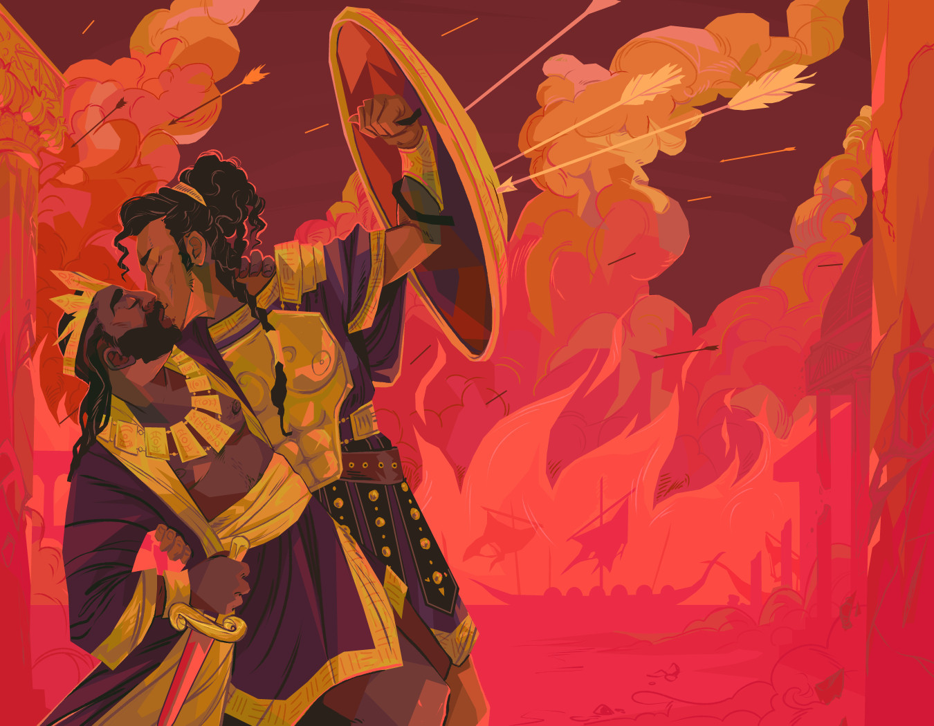 two men dressed in fantasy historic costume dramatically kiss romance novel stylie in front of a background on fire. 