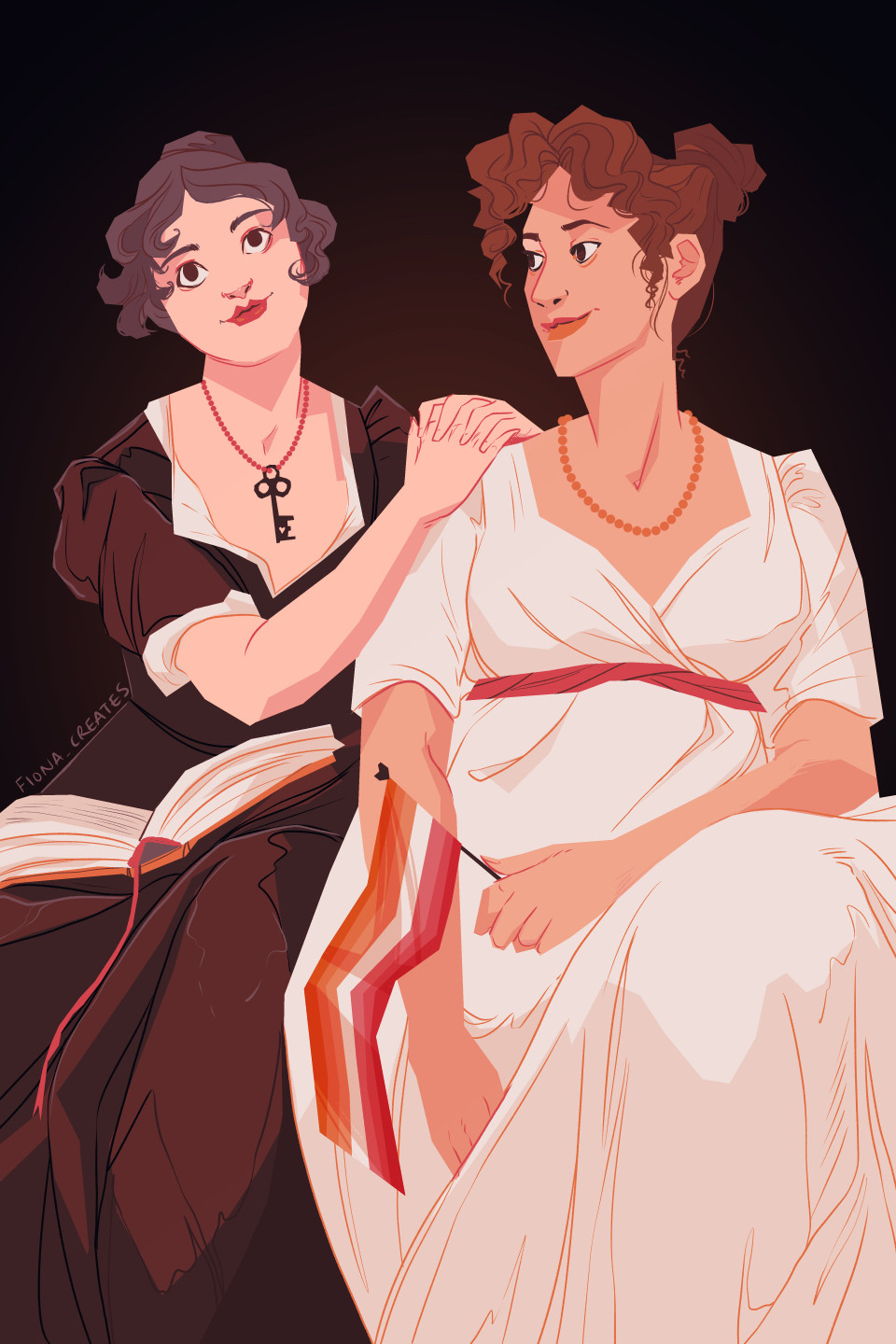 Catherine Morland from Northanger Abbey stares into the middle distance daydreaming of herself as a gothic heroine, her totally not girlfriend Eleanor Tilney sits beside her looking fondly and holding a lesbian flag.